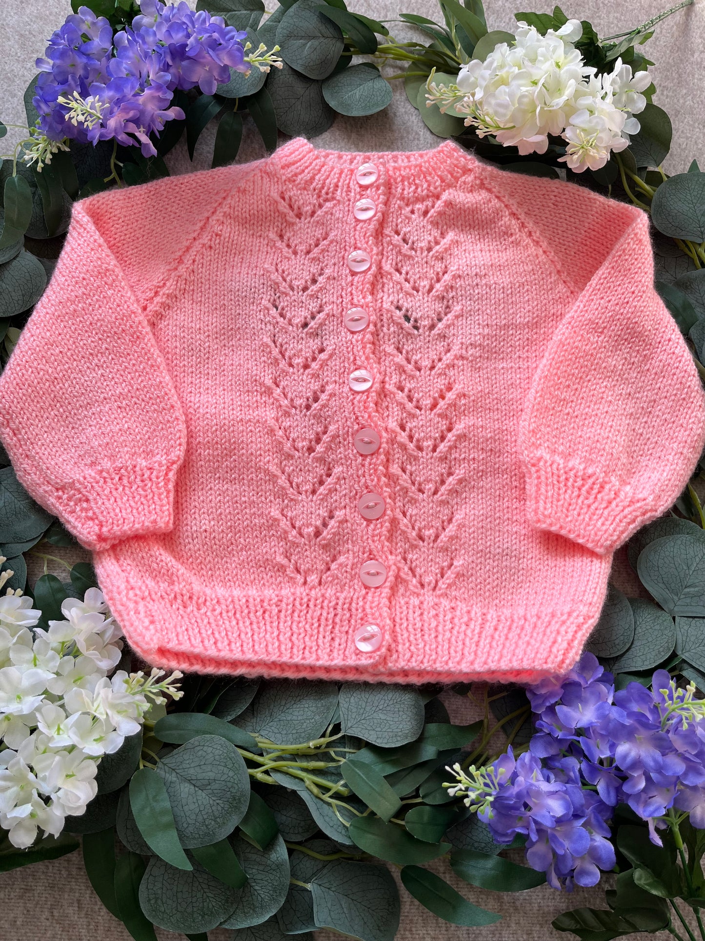 Size 2-4 Years, Hello Spring, Pink Hand Knitted Cardigan