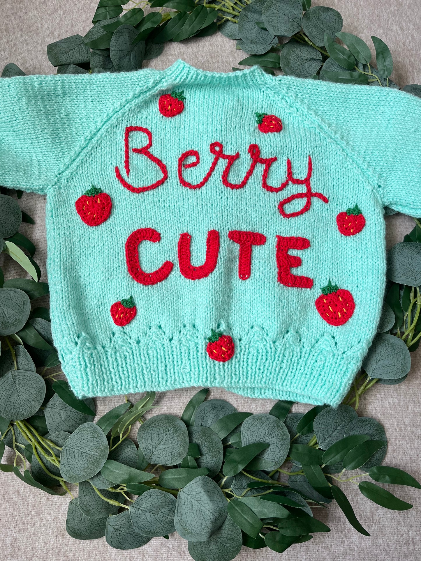 Size 3-5 Years, Berry Cute, Strawberry Buttons, Hand Knitted Cardigan
