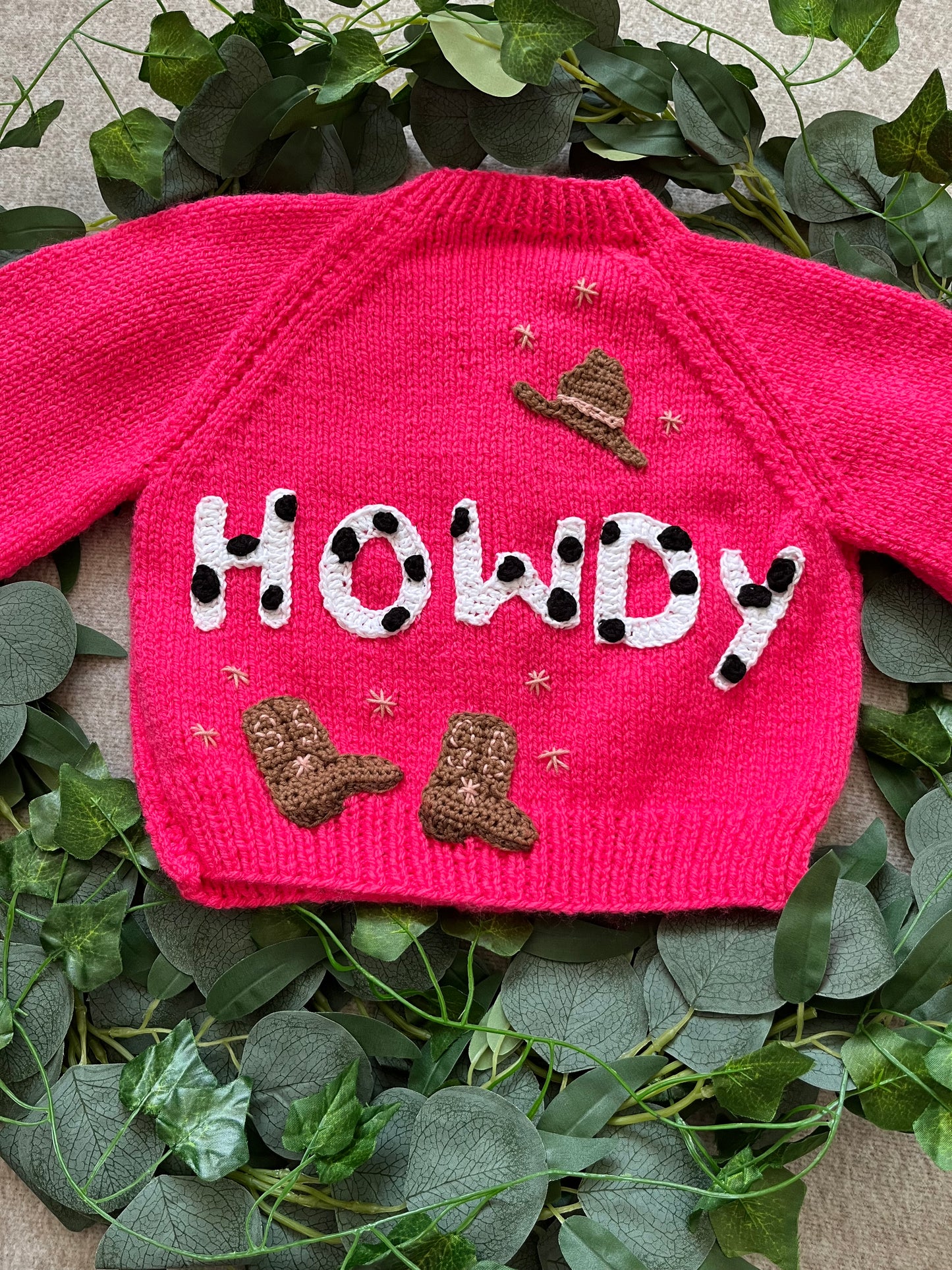 Size 1-2 Years, Howdy, Cow Print, Cow Girl Theme, Cowboy Boots + Hat Design, Handknitted Hot Pink Cardigan