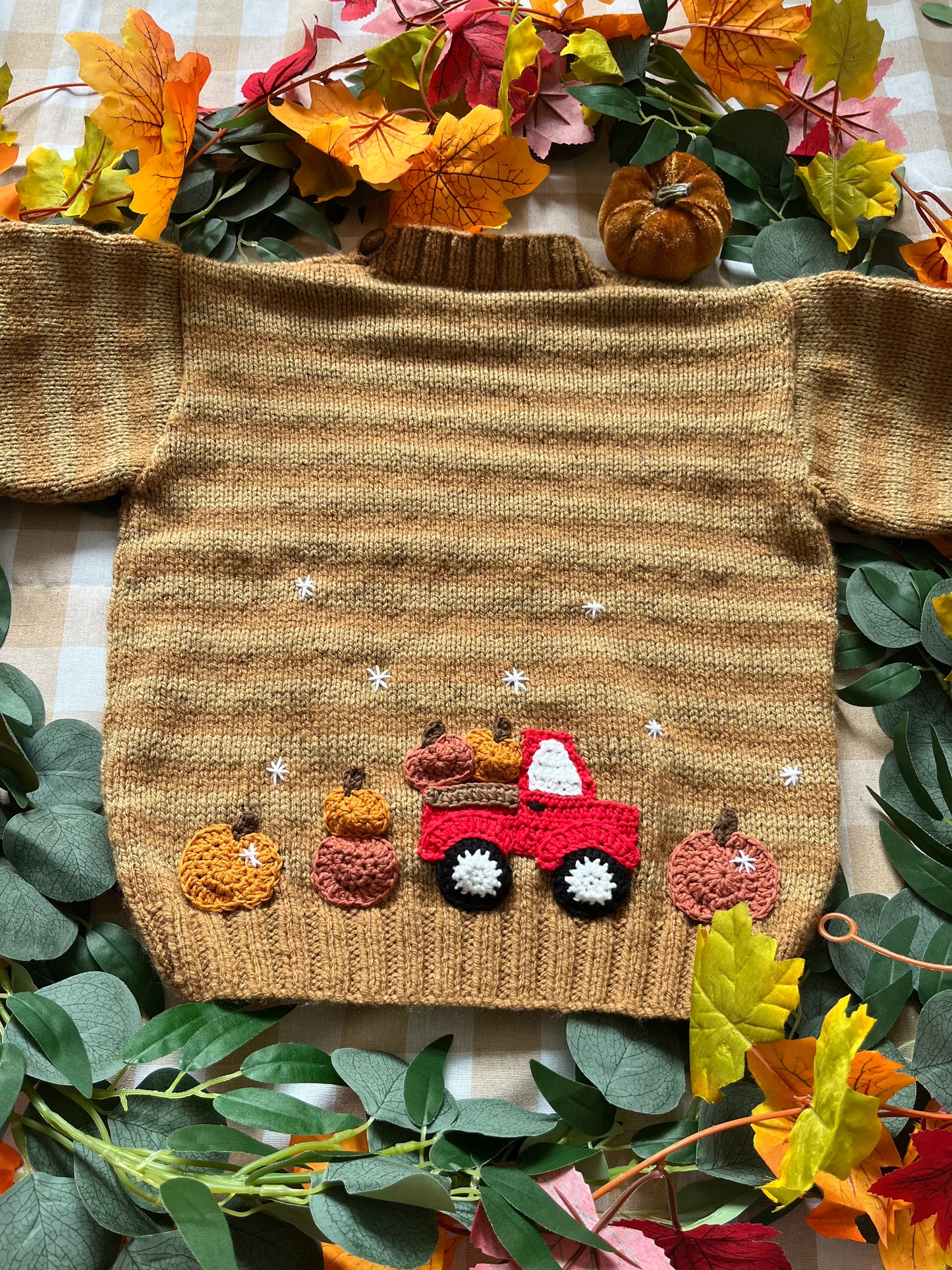 Personalise Me, Size 3-5 Years, Name Cardigan, Brown Stripe, Red Pumpkin truck & Pumpkins