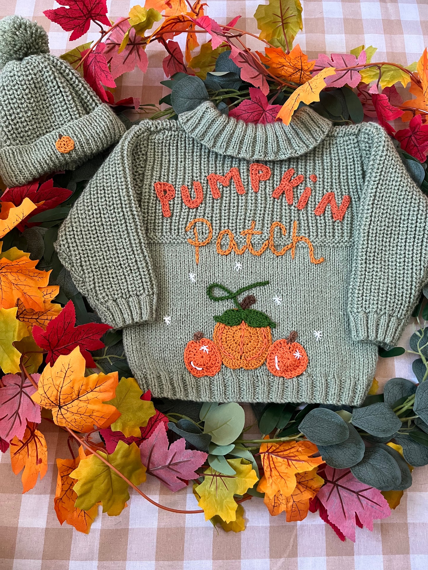 Size 2-4 years, Pumpkin Patch Cardi & Hat, Sage Green Hand Knitted Cardigan