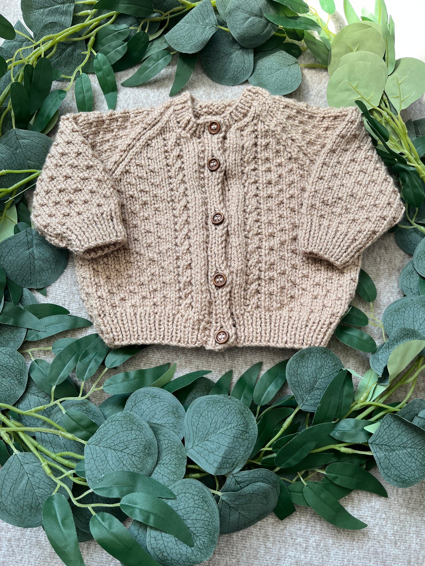 Personalise Me, Size 0-3 Months, Neutral Brown Baby Cardigan, Hand Knitted, Bear Design