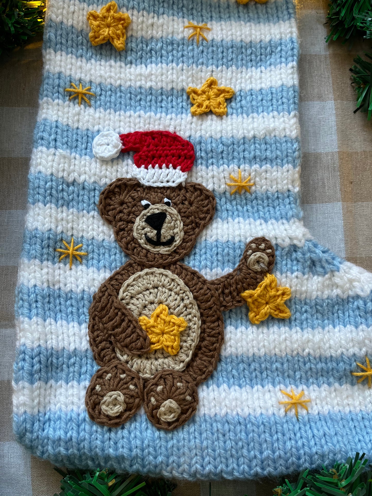 Christmas Stocking, Blue & White Stripe, Bear with Stars