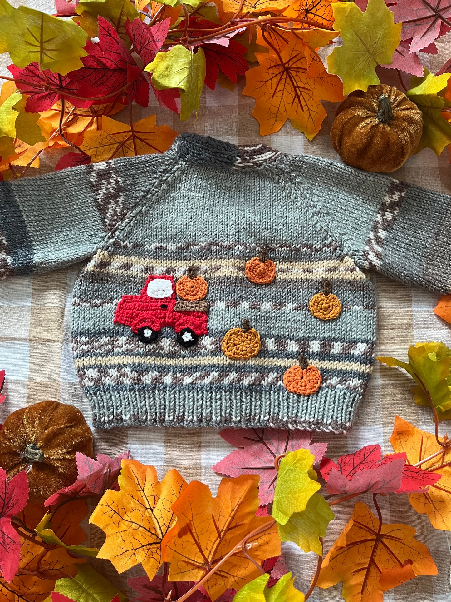 Size 0-6 Months, Grey Stripe Pumpkin Truck Cardigan