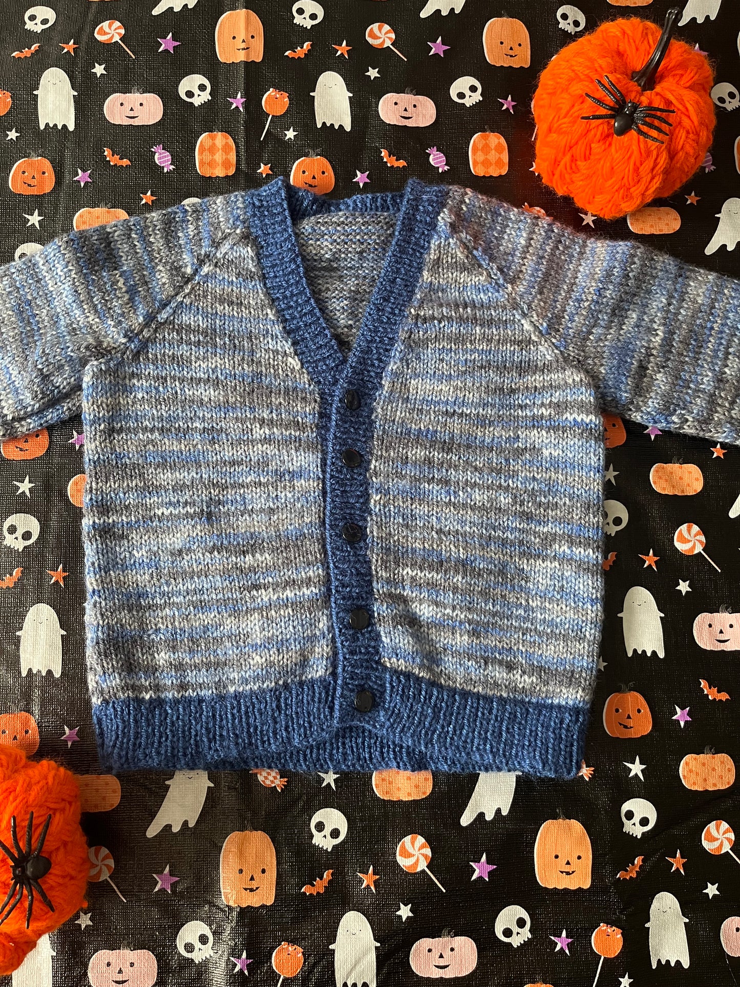 Size 1-2 Years, Little Boo, Blue /Black Hand Knitted Cardi