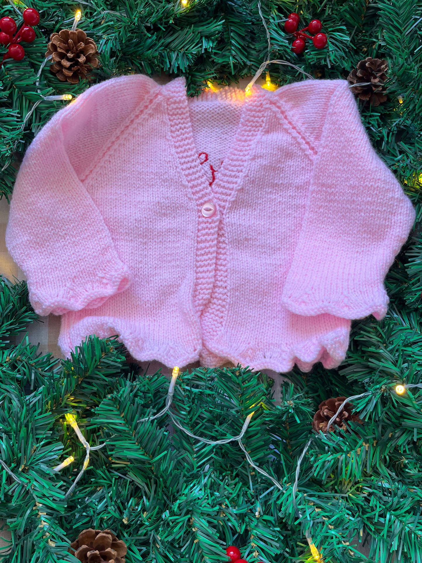 Size 1-2 Years, Merry & Bright, Pink & Red Handknitted Cardi