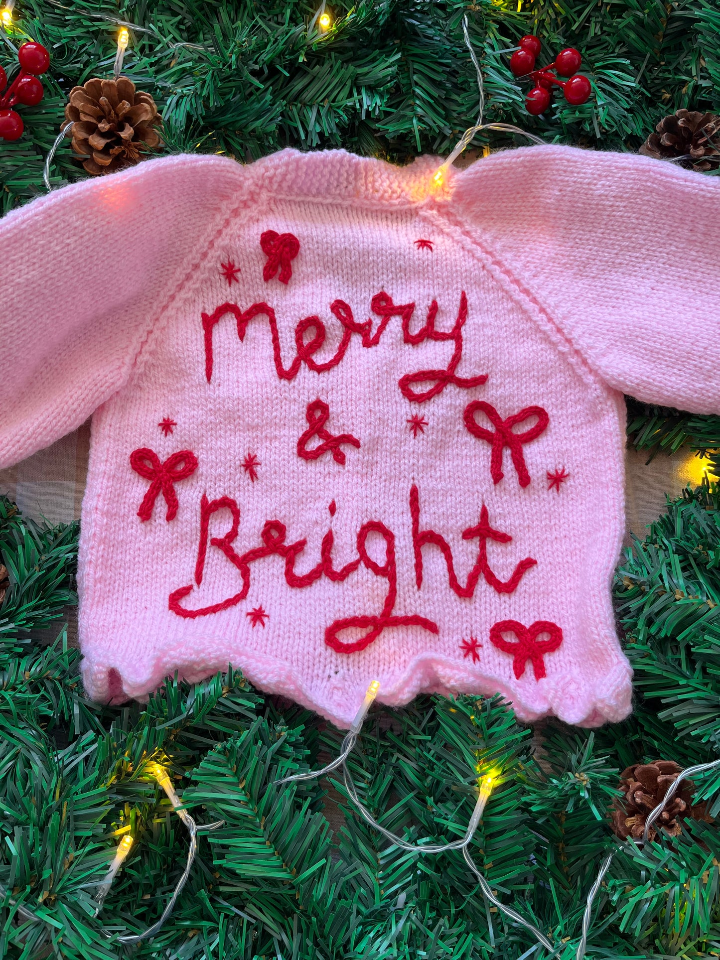 Size 1-2 Years, Merry & Bright, Pink & Red Handknitted Cardi