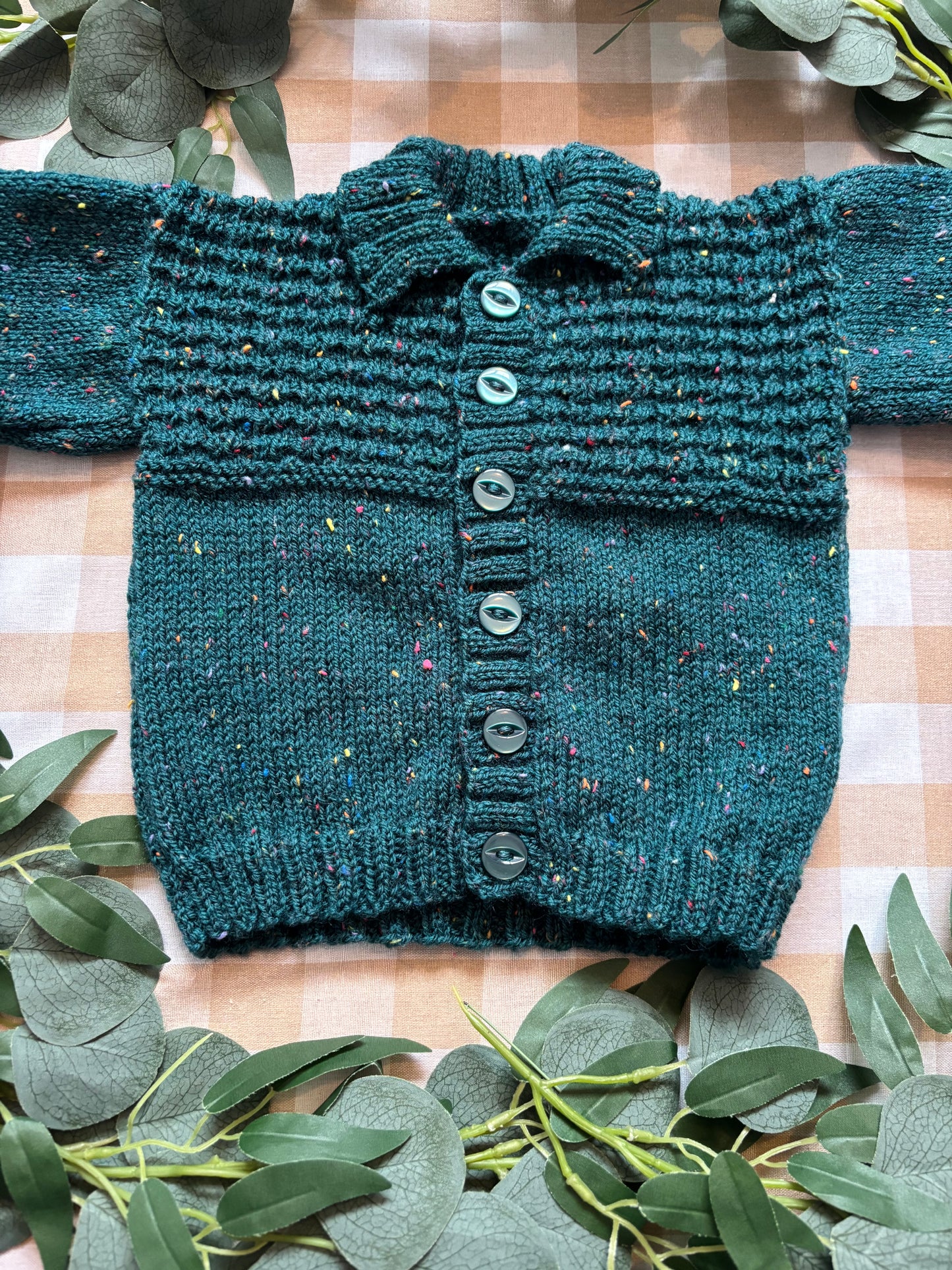 Size 6-12 Months, Turquoise speckled Cardi, Postbox & Pigeon