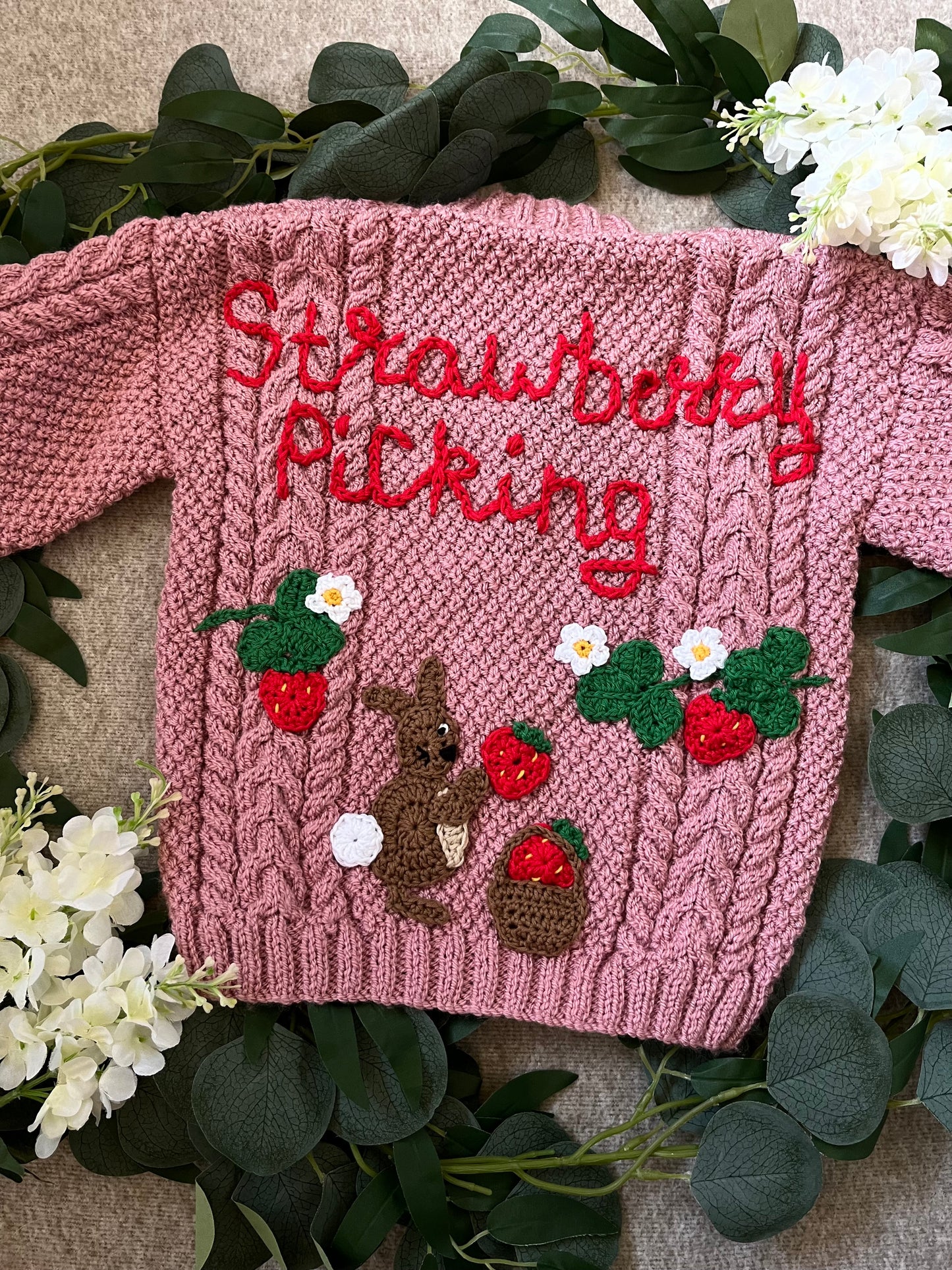 Size 3-5 Years, Strawberry Picking, Pink Hand Knitted Cardigan