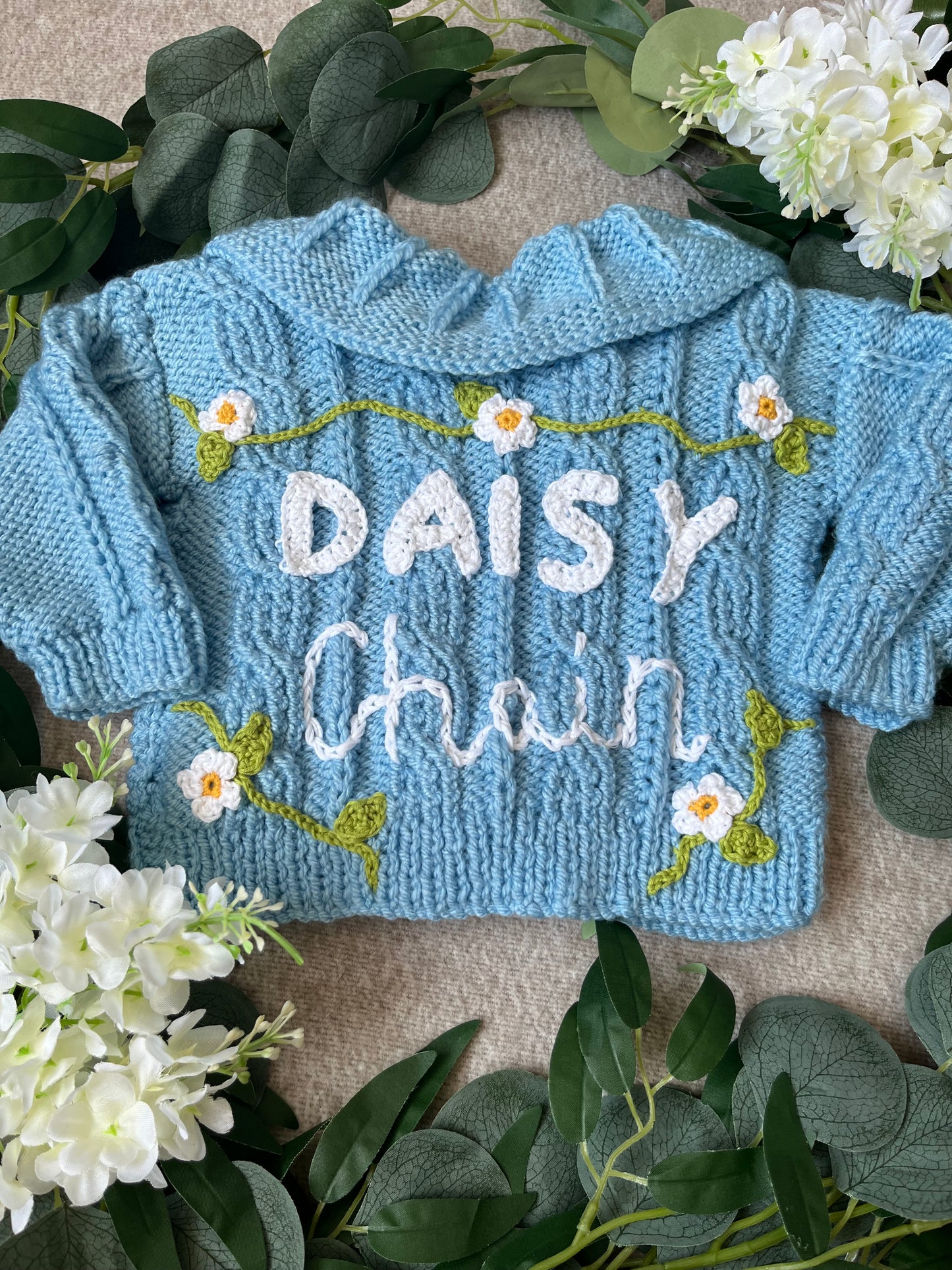 Size 6-12 Months, Daisy Chain, Baby Blue Hand Knitted Collar Cardigan