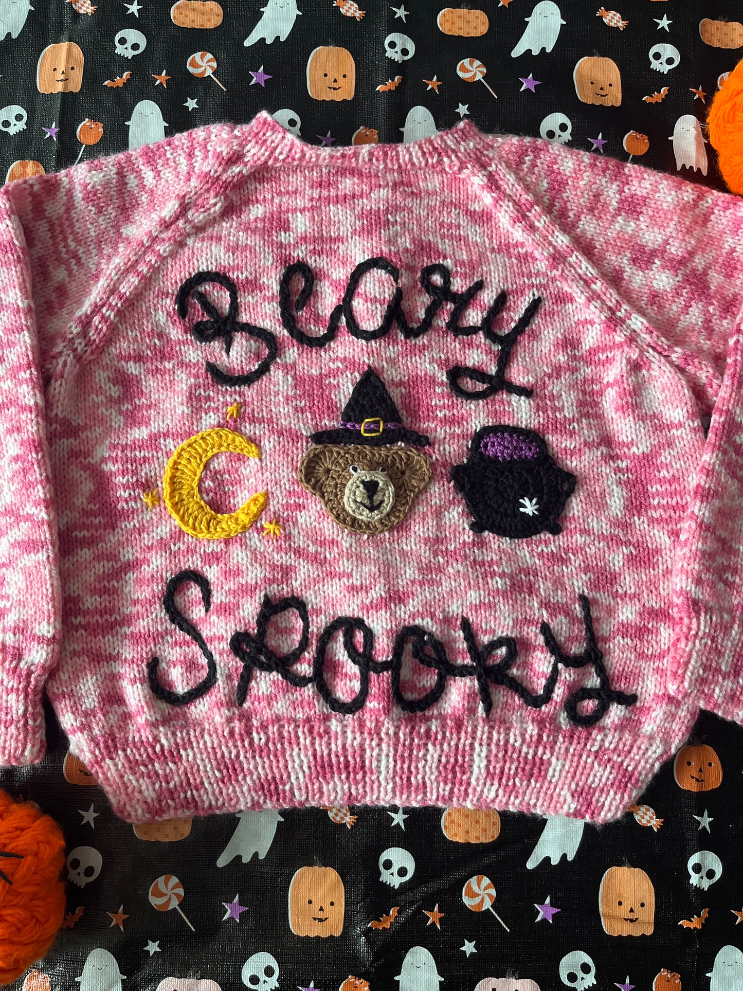 Size 3-4 Years, Beary Spooky, Pink Hand Knitted Cardi