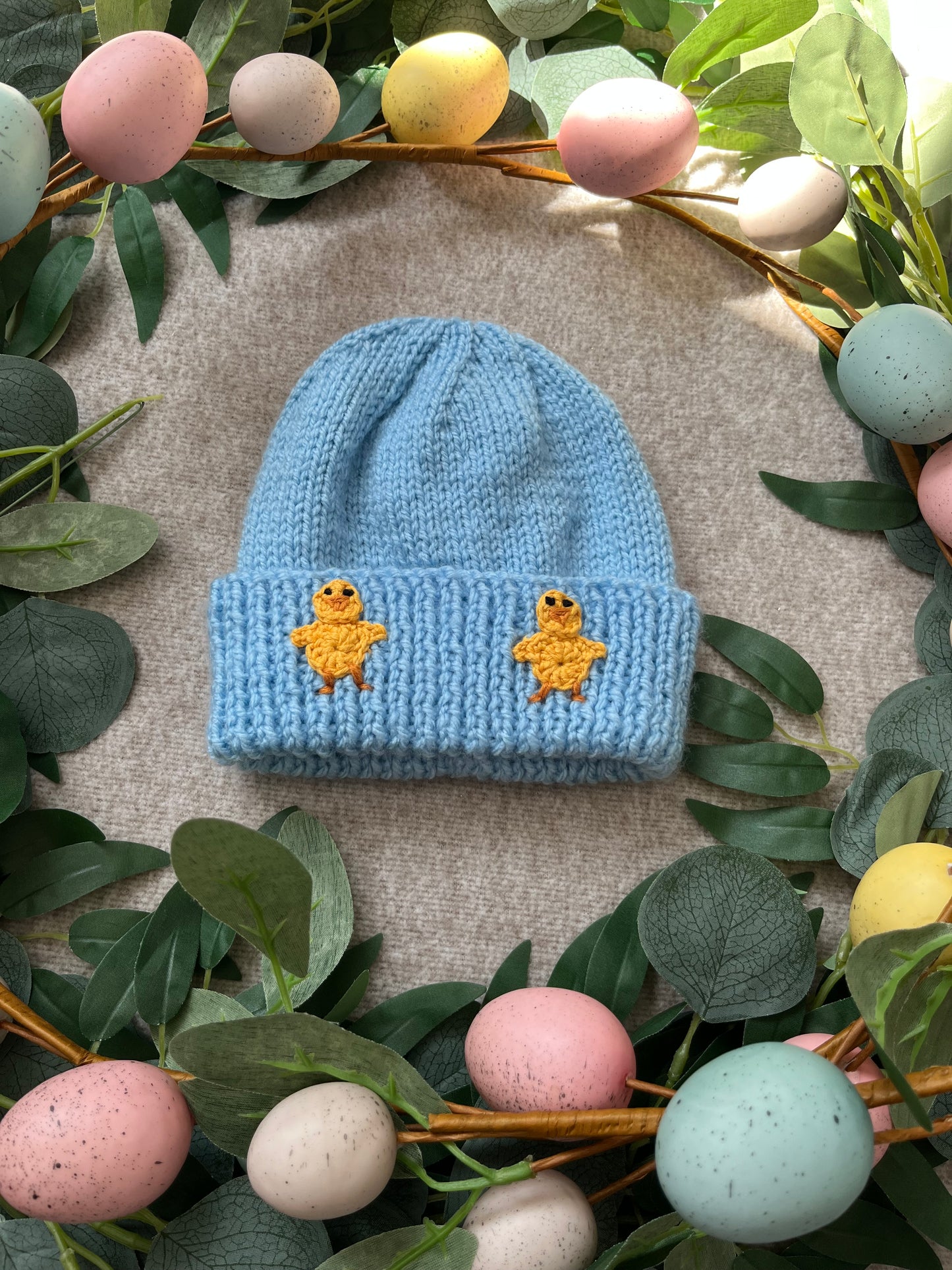 Personalise Me, Size 1-2 Years, Blue Hand Knitted Chick Baby Hat