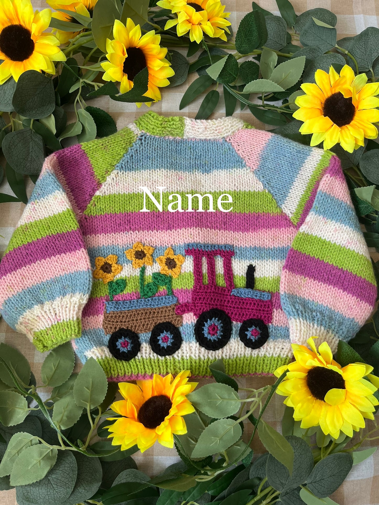 Size 6-12 Months, Sunflower Tractor, Stripe Hand Knitted Cardigan