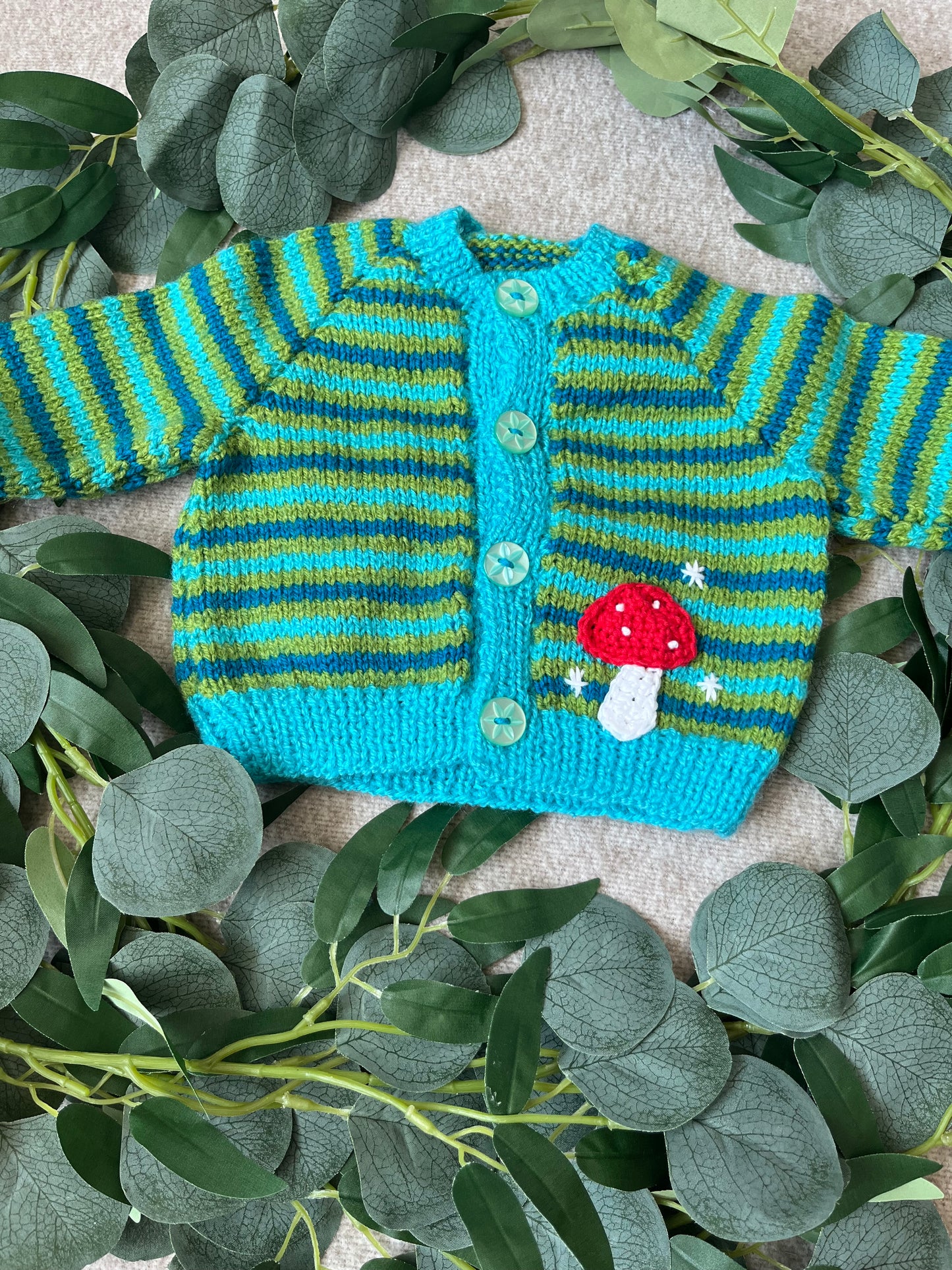Size 0-3 Months, Personalise Me, Name Cardigan, Stripe Toadstool Cardigan