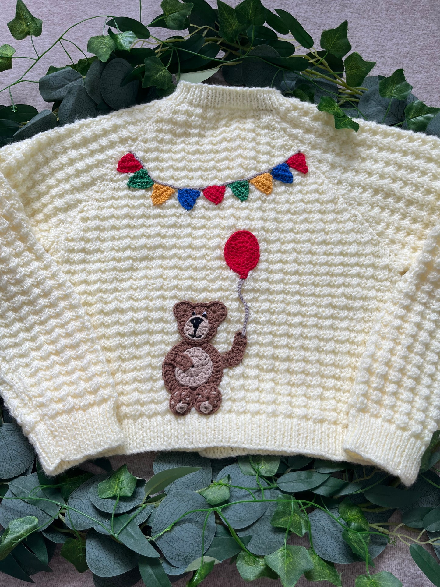 Personalise Me, Add 3 or 4 to ballon (or none), Birthday Bear Cardigan, Butter Yellow Hand Knitted Cardi