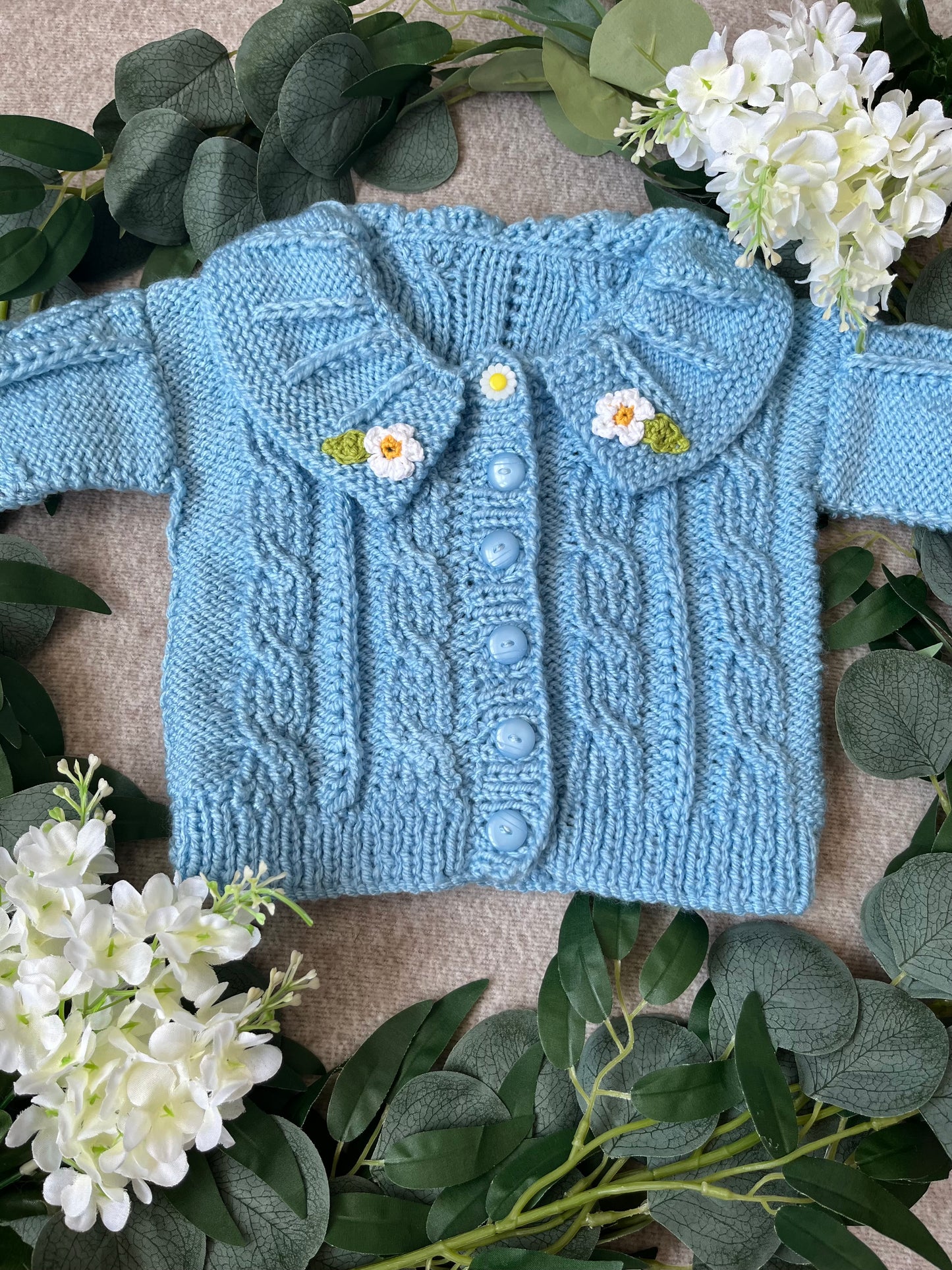 Size 6-12 Months, Daisy Chain, Baby Blue Hand Knitted Collar Cardigan
