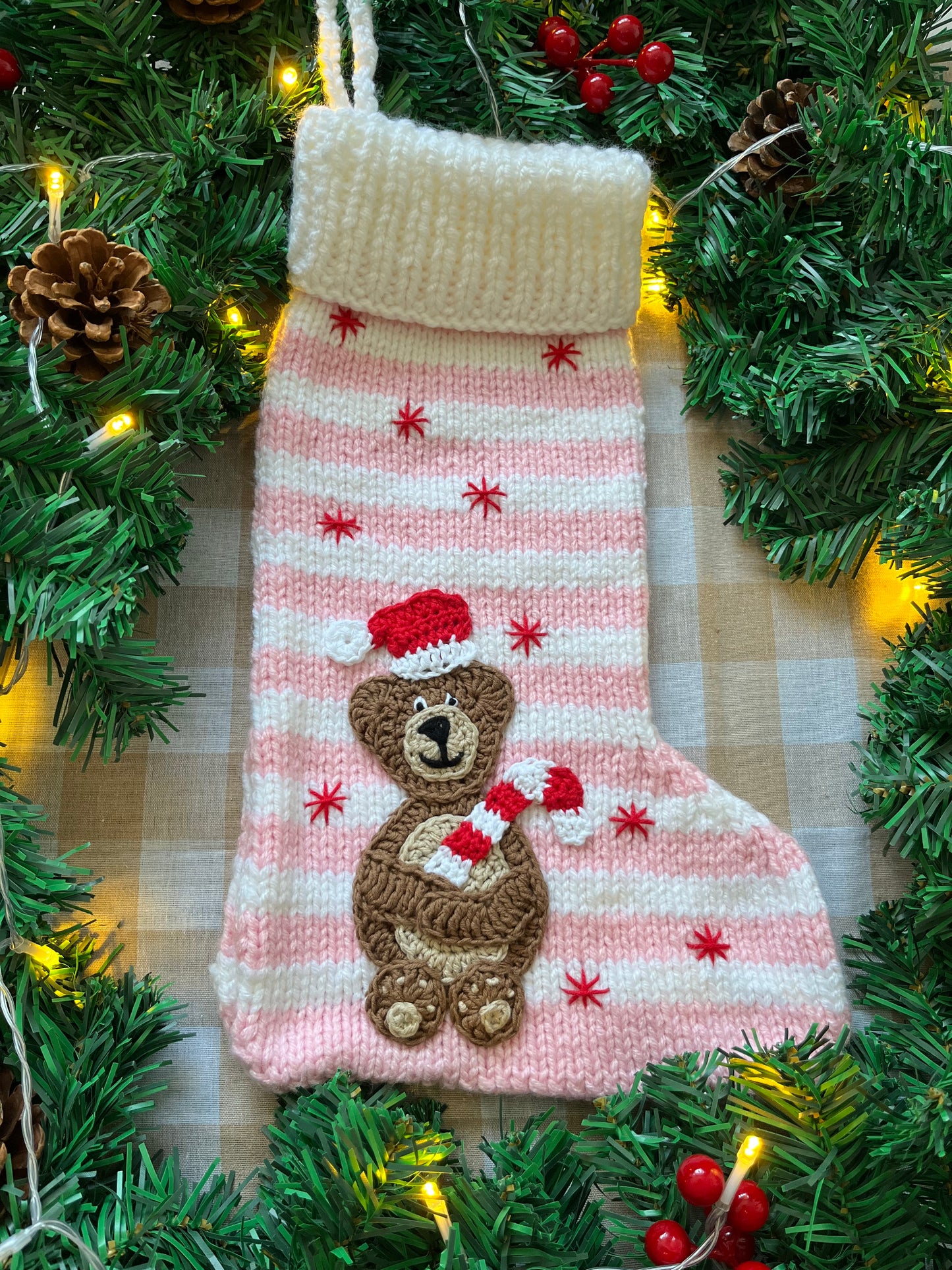 Christmas Stocking, Pink & White Stripe, Bear with a Candy Cane