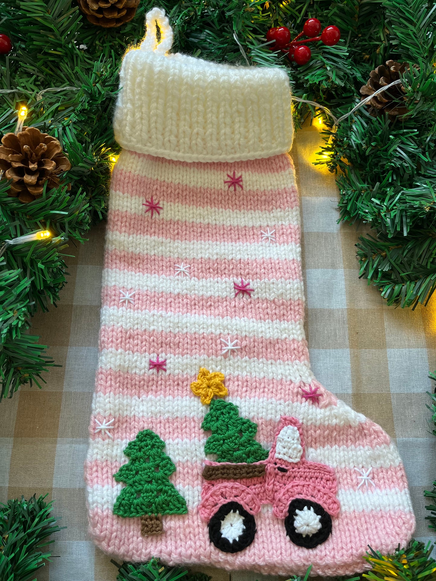 Christmas Stocking, Pink & White Stripe with Pink Christmas Tree Truck
