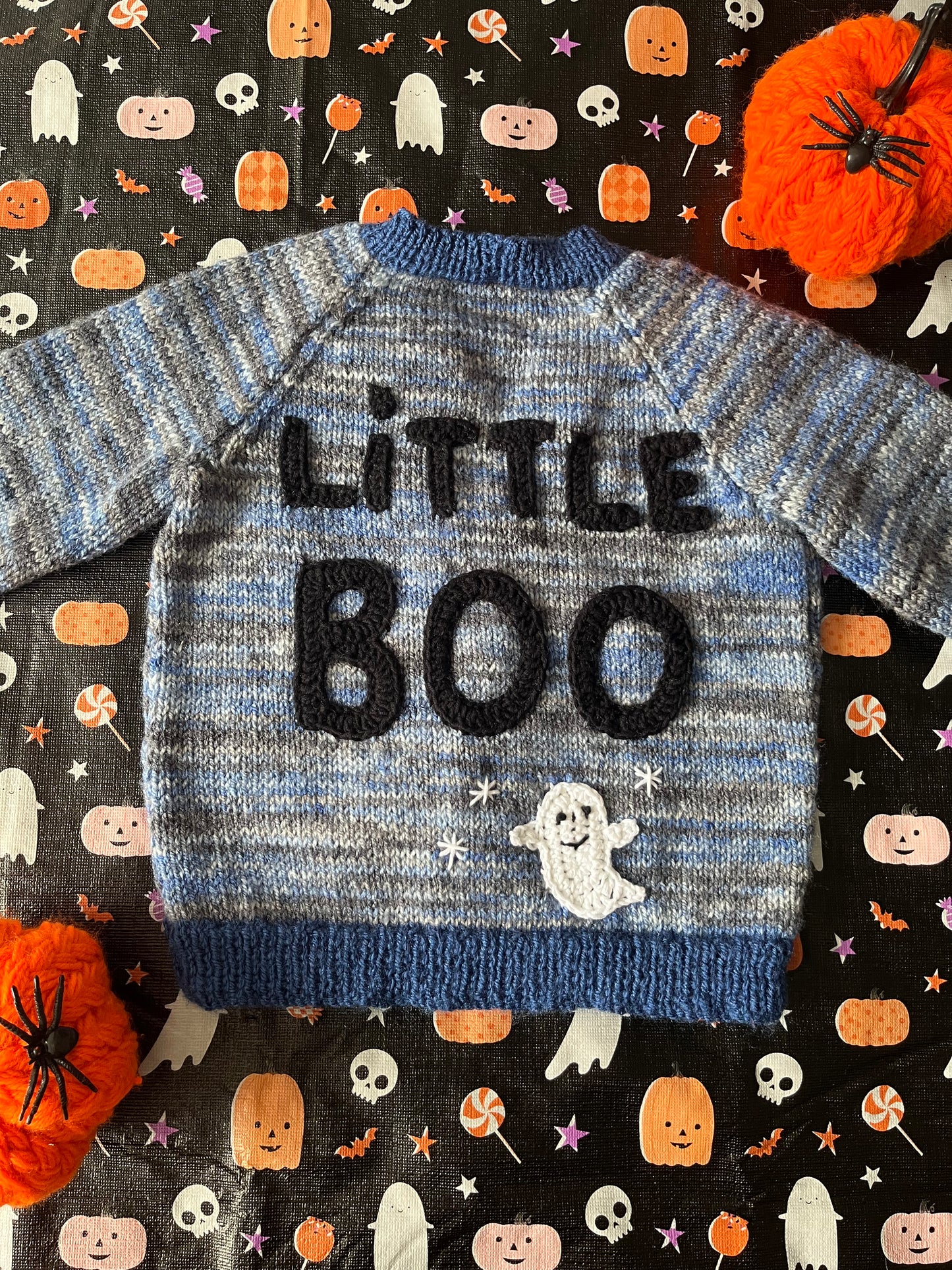 Size 1-2 Years, Little Boo, Blue /Black Hand Knitted Cardi