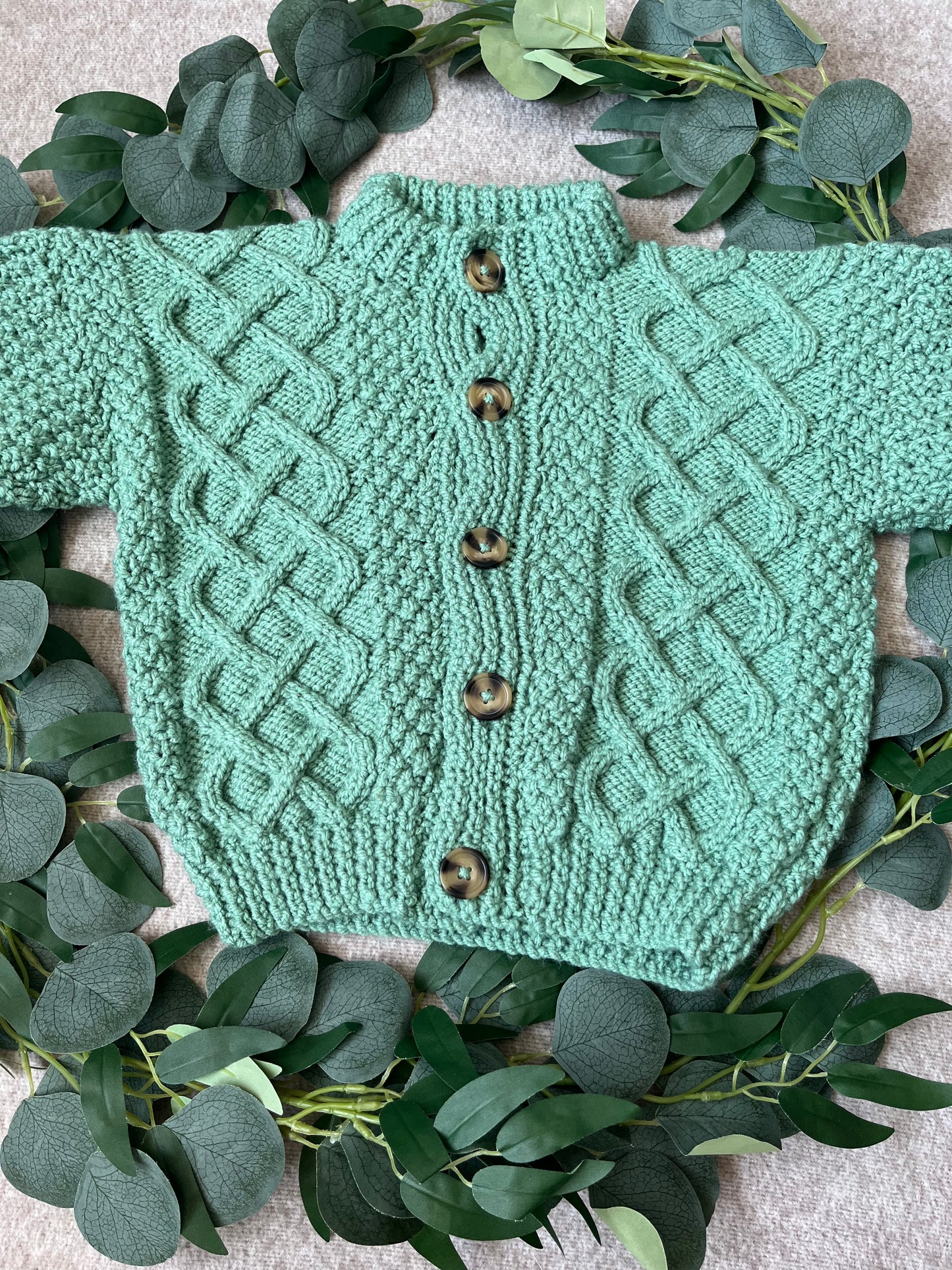 Size 3-5 Years, Free Range, Green Hand Knitted Cardigan