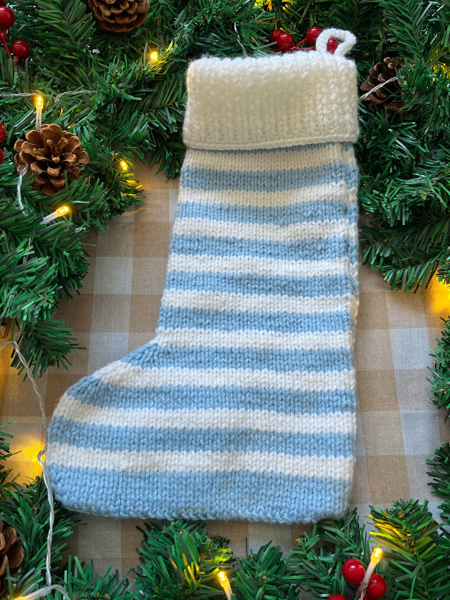 Christmas Stocking, Blue & White Stripe, Bear with Stars