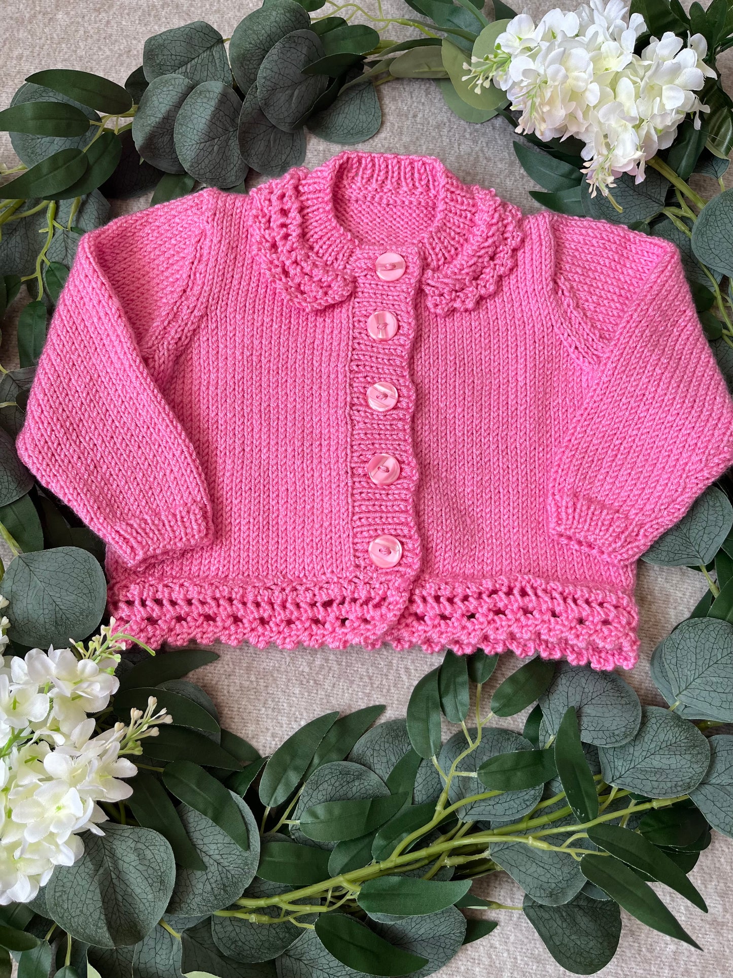 Size 6-12 Months, Personalise Me, Name Flower Truck, Hand Knitted Pink Cardigan