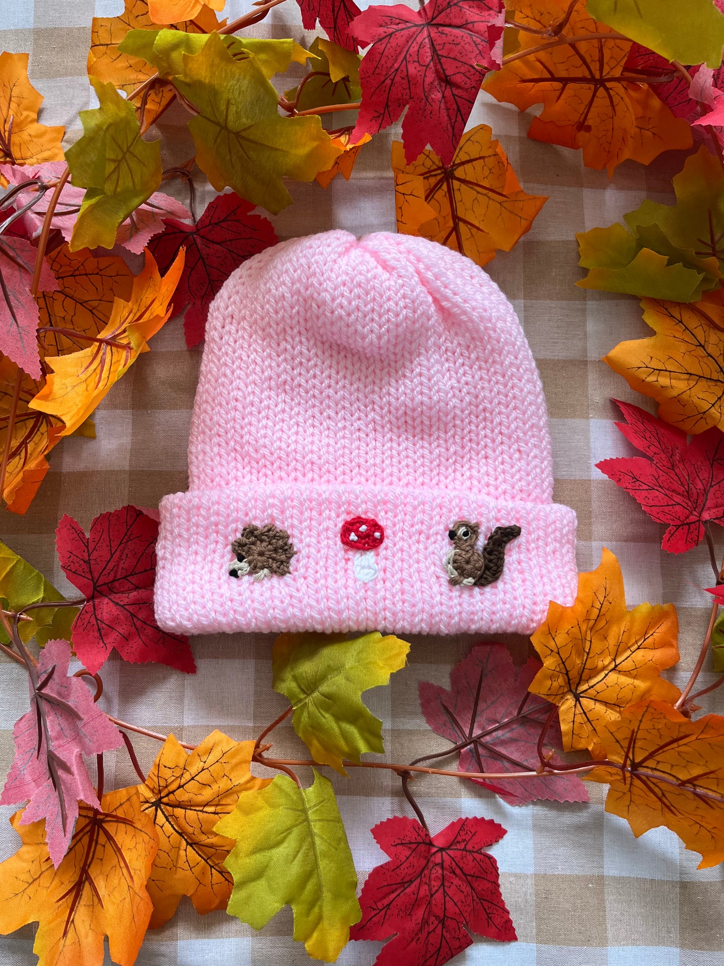 Size 4-6 Years, Pink Hand Knitted Hat, Tiny Headgehog, Toadstool & Squirrel