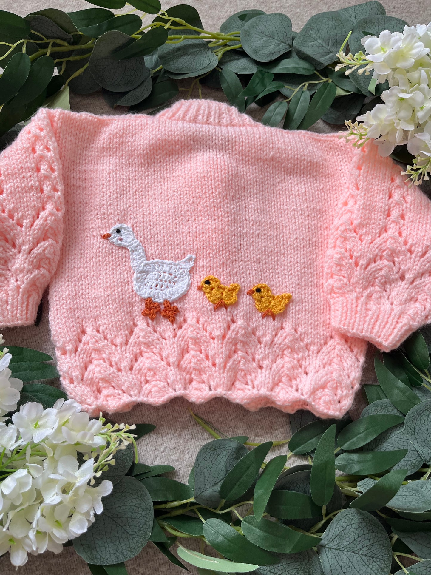 Personalise Me, Size 6-9 Months, Name Cardigan, Pink Hand knitted Duck Cardi