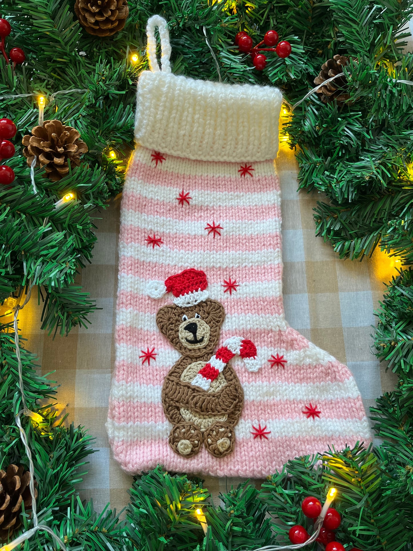 Christmas Stocking, Pink & White Stripe, Bear with a Candy Cane