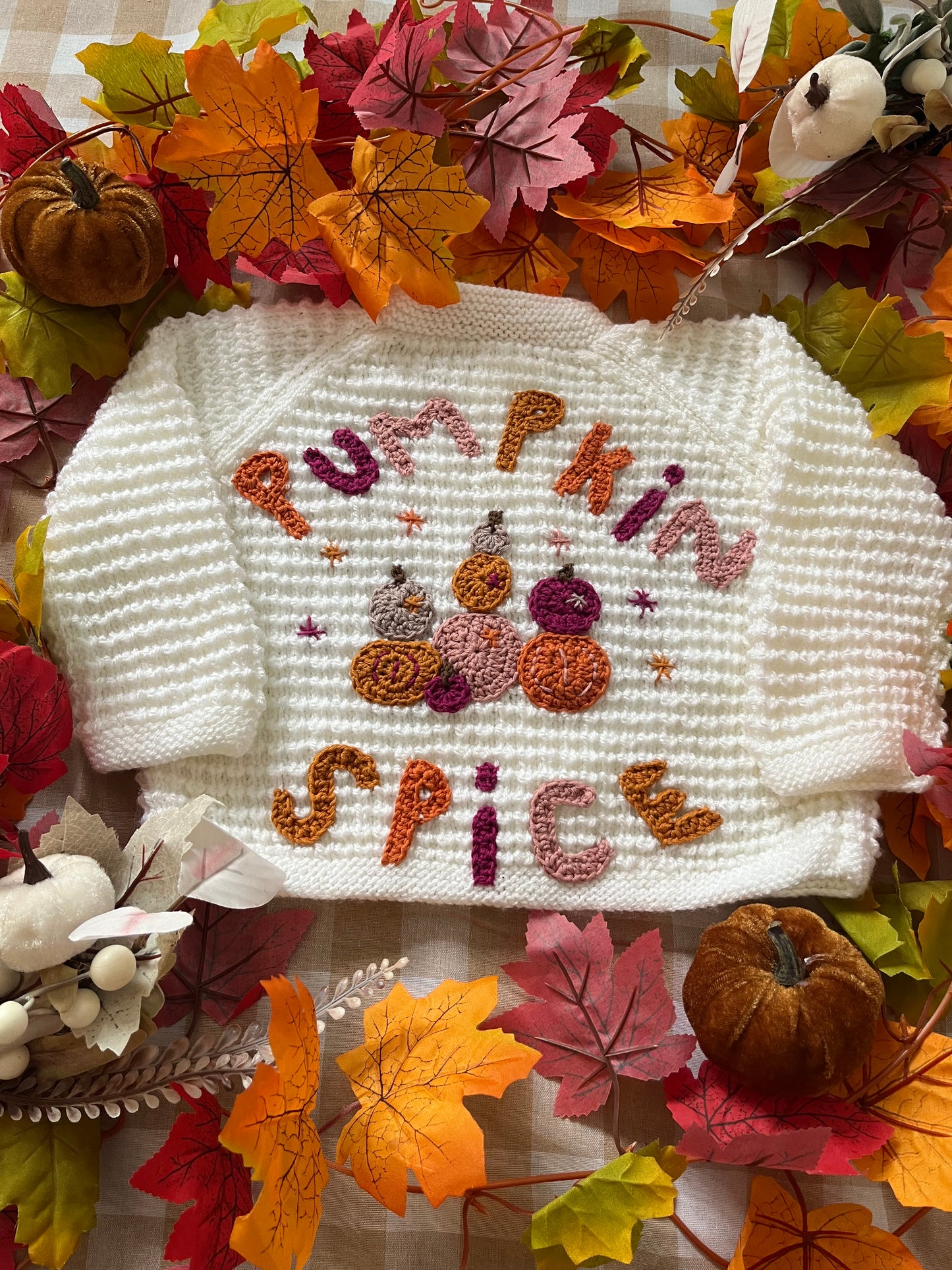 Size 1-2 Years, Pumpkin Spice, White Hand knitted Cardigan