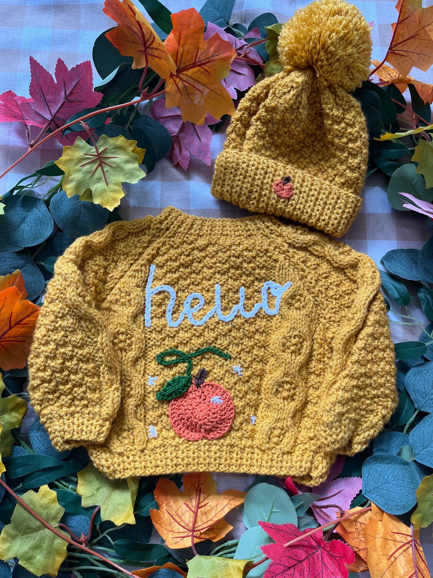 Size 0-6 Months, Mustard Hello Pumpkin Cardi & Hat set