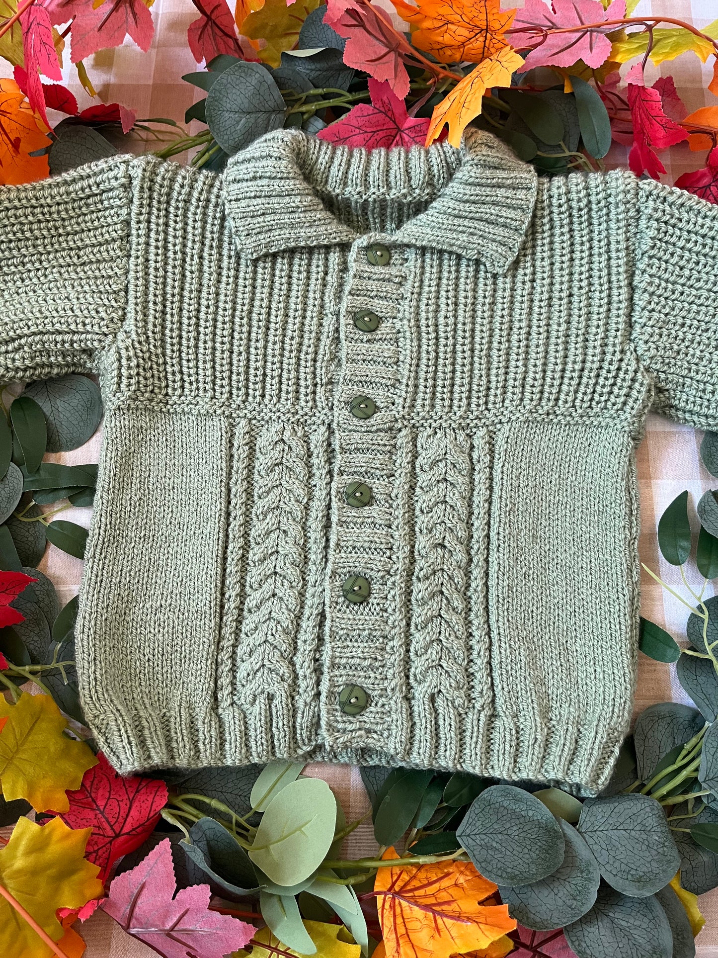 Size 2-4 years, Pumpkin Patch Cardi & Hat, Sage Green Hand Knitted Cardigan