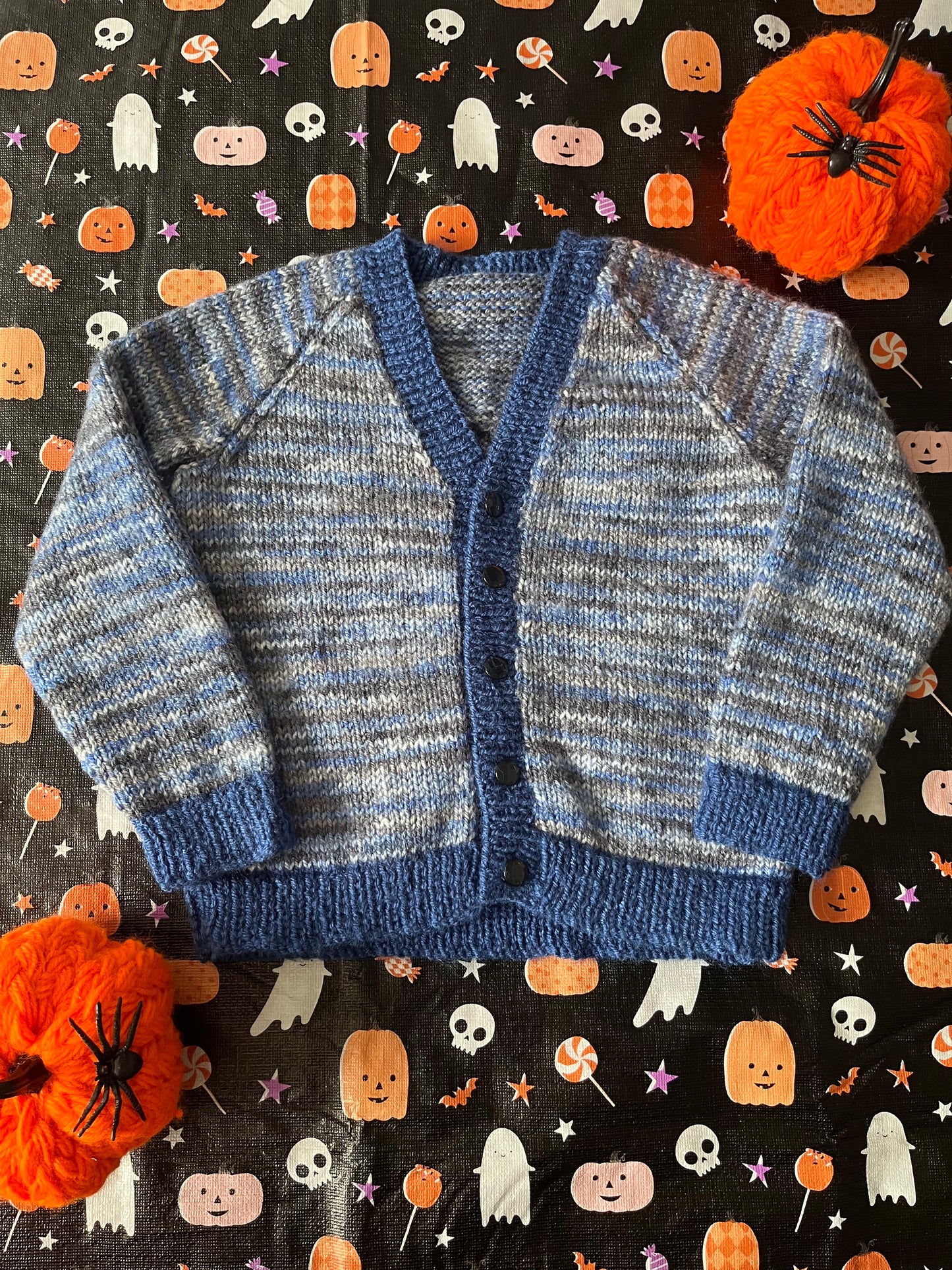 Size 1-2 Years, Little Boo, Blue /Black Hand Knitted Cardi