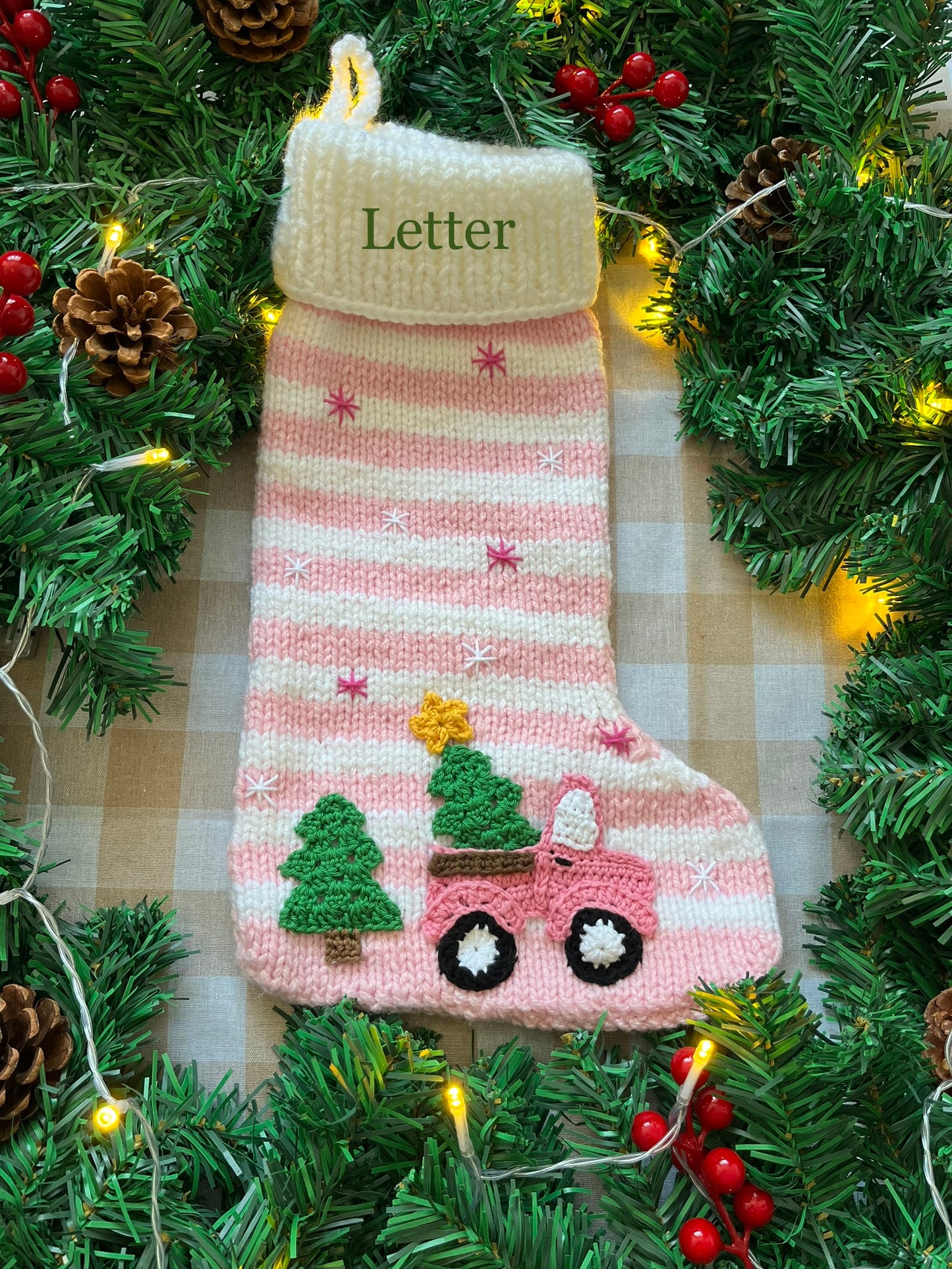 Christmas Stocking, Pink & White Stripe with Pink Christmas Tree Truck
