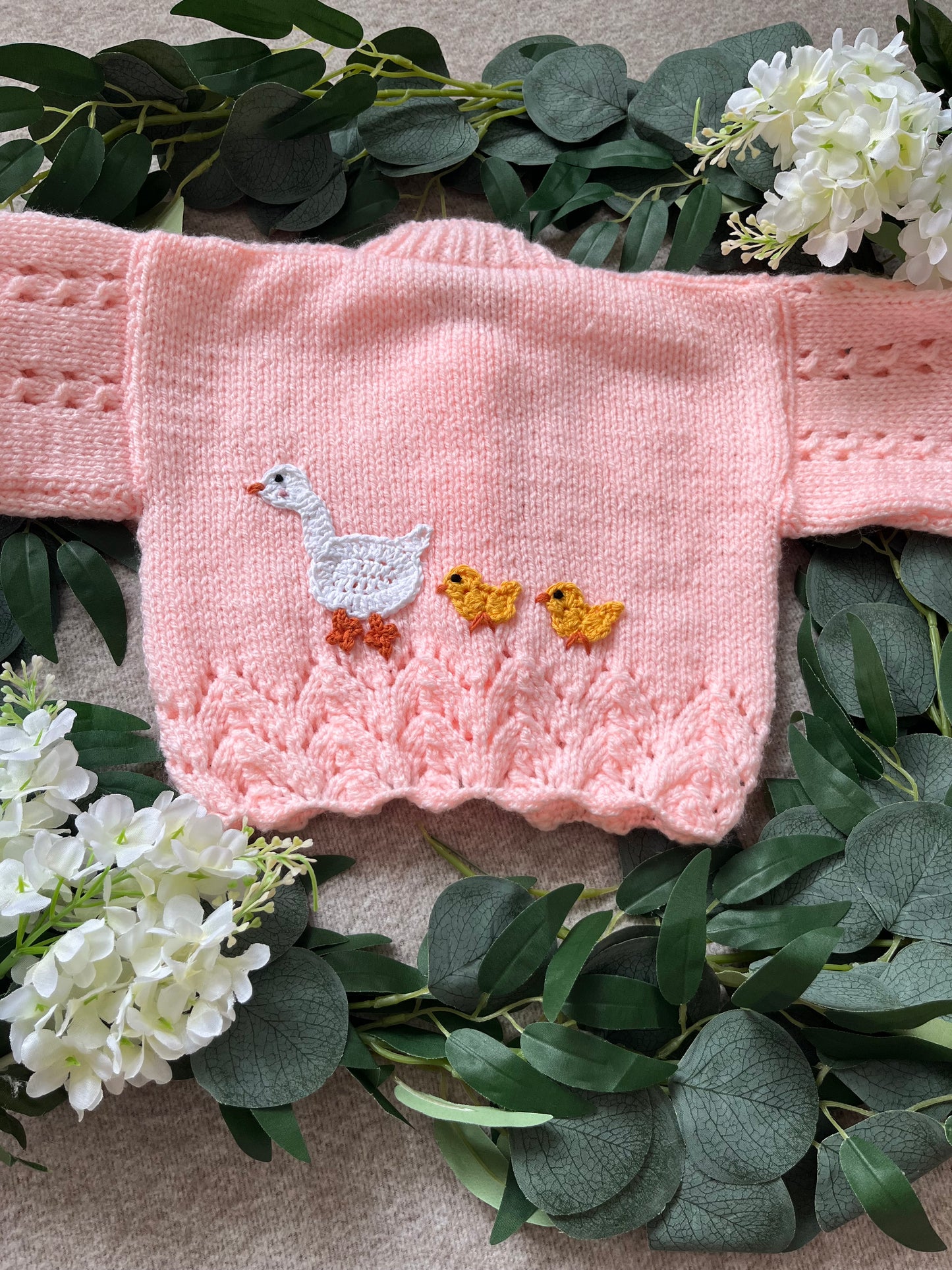 Personalise Me, Size 6-9 Months, Name Cardigan, Pink Hand knitted Duck Cardi