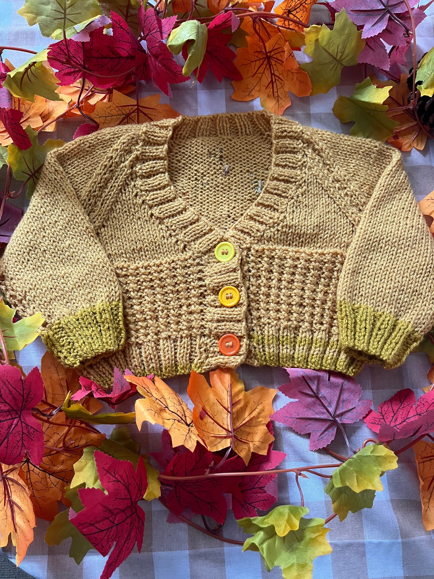 Size 1-2 Years, Autumn Leaves, Cropped Style Cardi, Mustard with Trim
