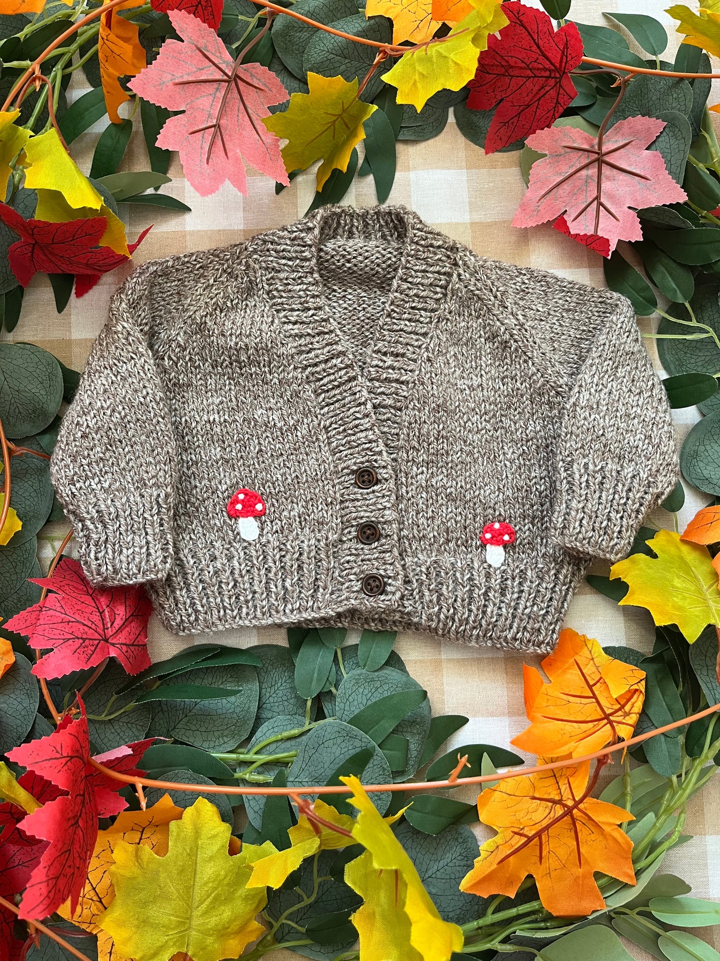 Personalise Me, Size 0-3 Months, Name Cardi, Brown with Mini Toadstools