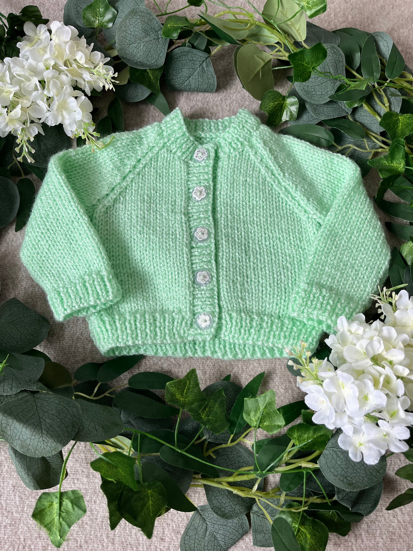 Size 0-3 Months, Bear & Daisy Cardigan, Mint Green Hand Knitted