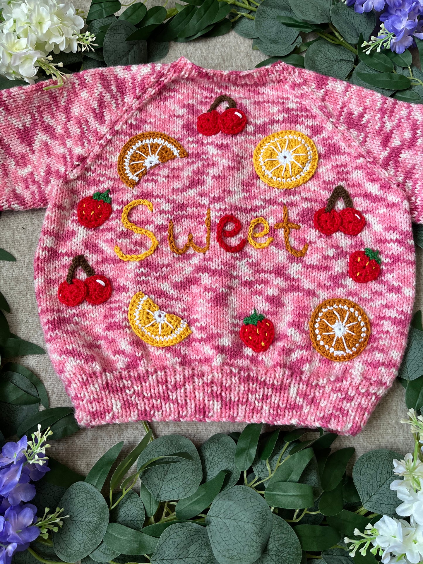 Size 2-3 Years, Sweet, Pink Fruit Hand Knitted Cardigan