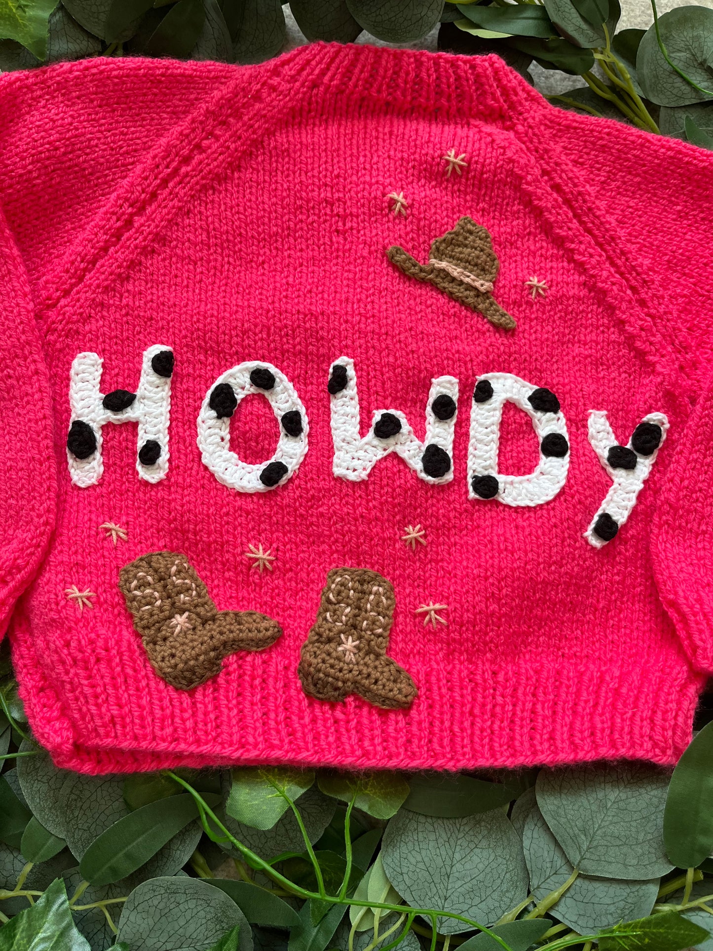 Size 1-2 Years, Howdy, Cow Print, Cow Girl Theme, Cowboy Boots + Hat Design, Handknitted Hot Pink Cardigan