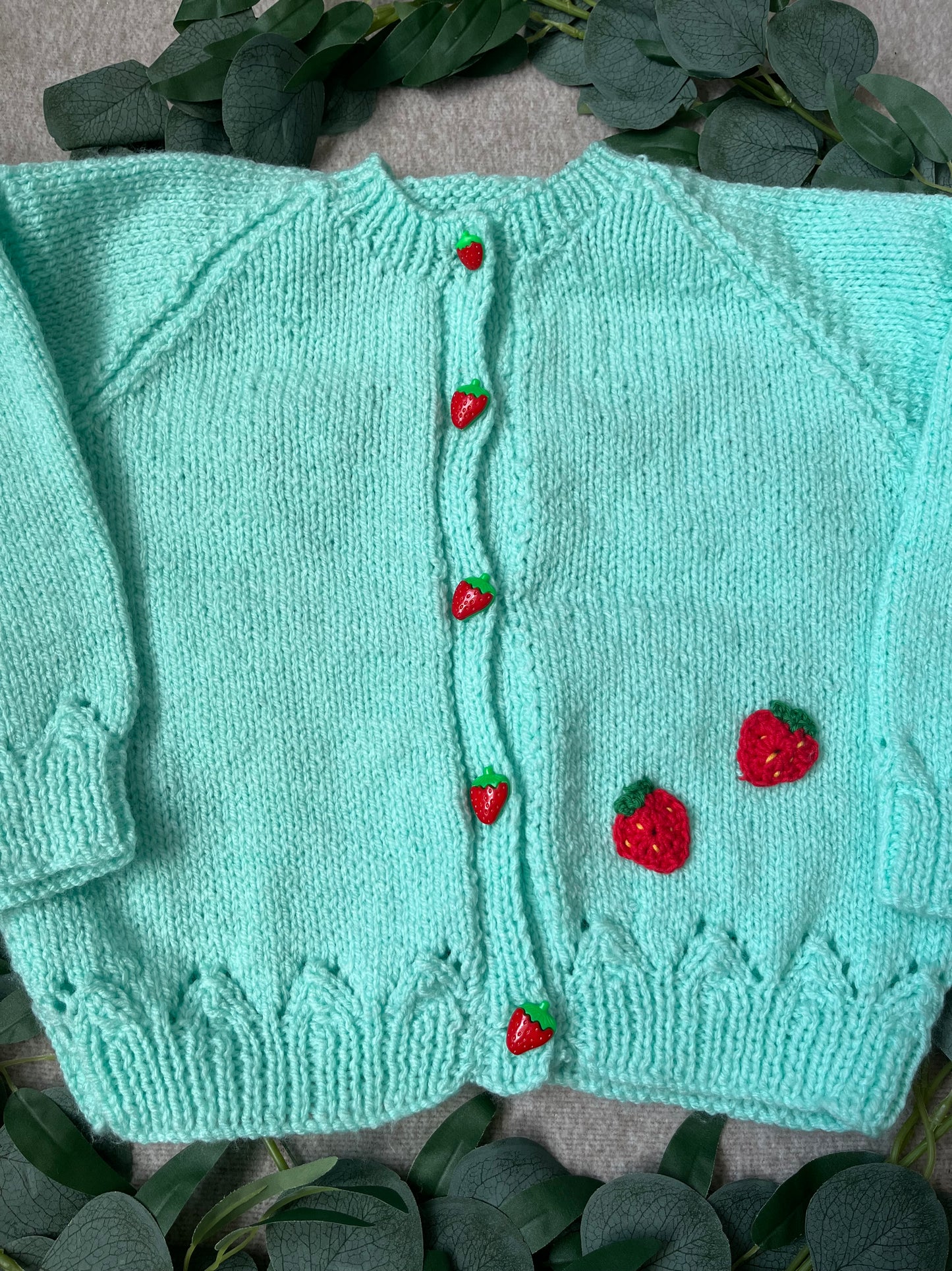 Size 3-5 Years, Berry Cute, Strawberry Buttons, Hand Knitted Cardigan