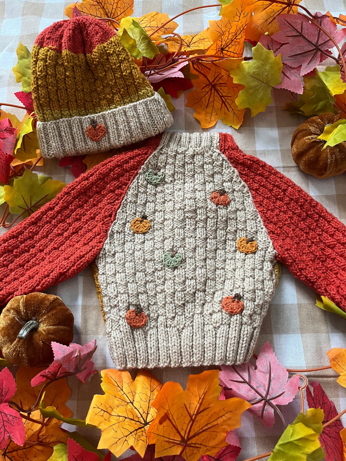 Size 0-3 Months, Mini Pumpkin Cardi & Hat Set, Autumnal Colour Block
