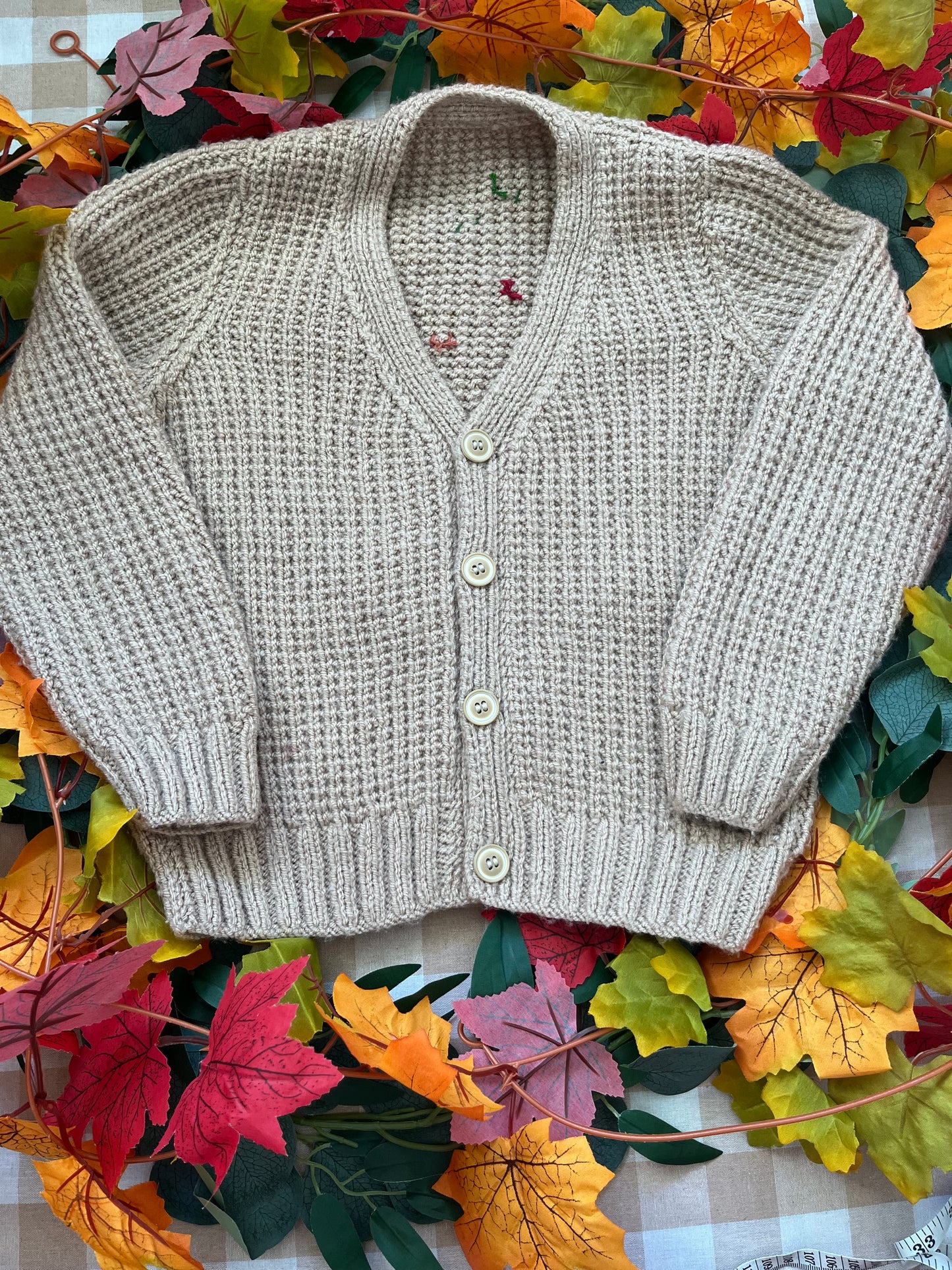 Personalise Me, Size 4-6 years, Name Cardigan, Beige Autumn Leaves Cardigan