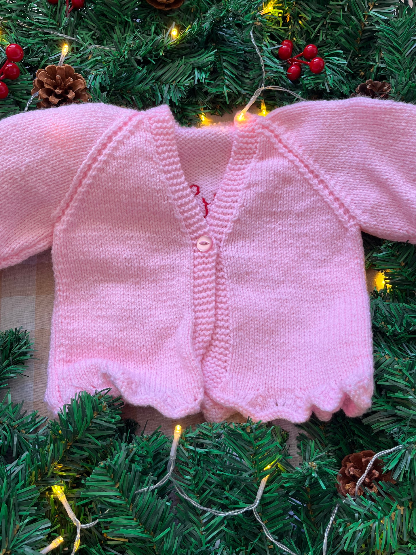 Size 1-2 Years, Merry & Bright, Pink & Red Handknitted Cardi