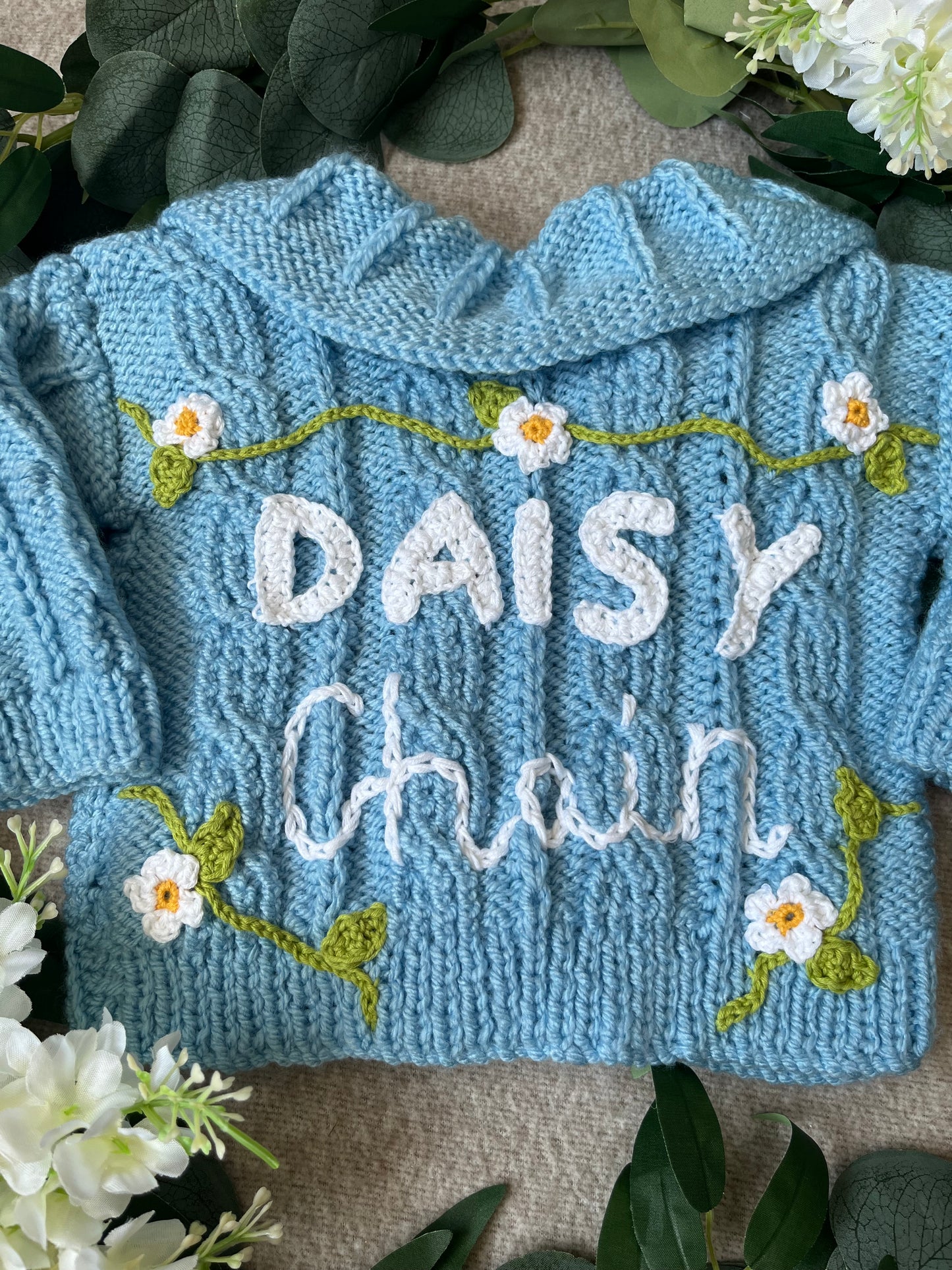 Size 6-12 Months, Daisy Chain, Baby Blue Hand Knitted Collar Cardigan