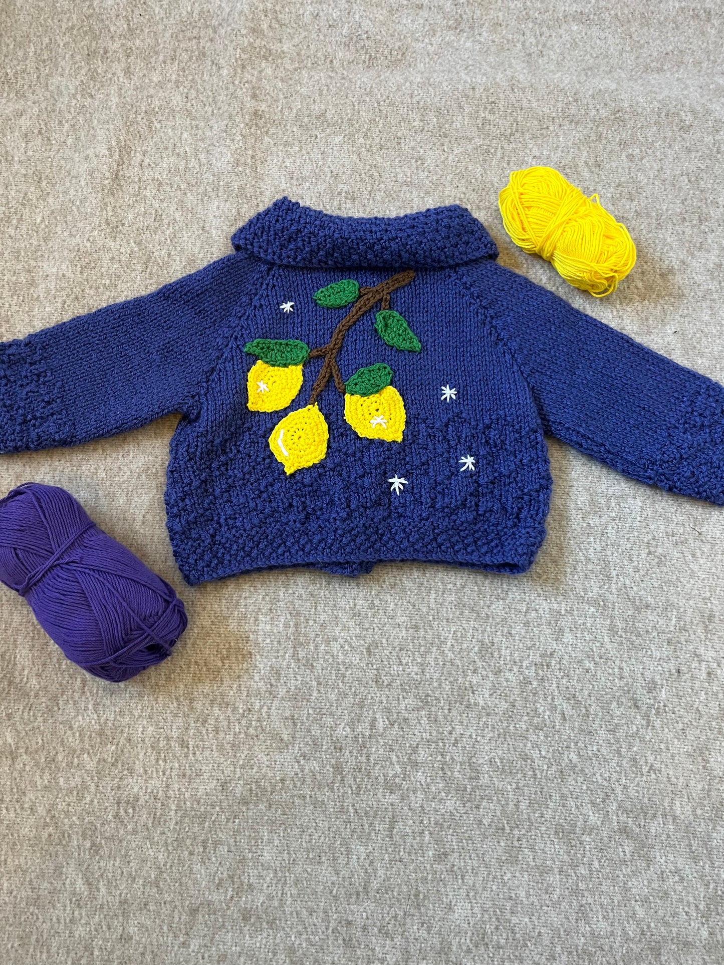 Size 0-3 Months, Baby Girl Hand Knitted Purple Cardigan, Lemon Tree, Baby Gift