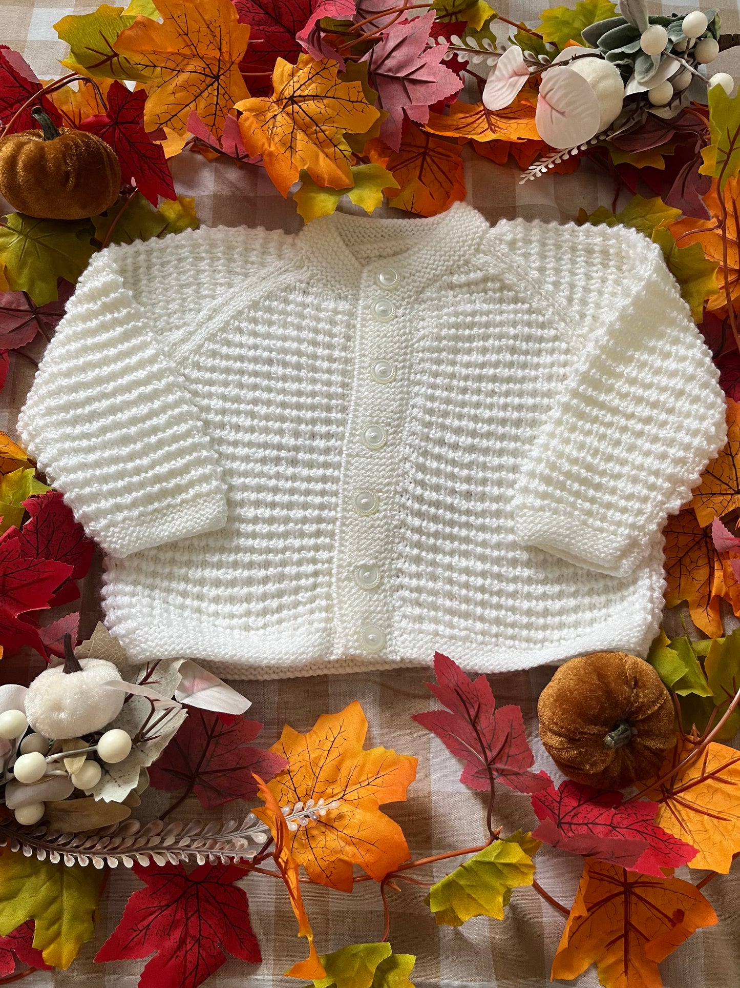 Size 1-2 Years, Pumpkin Spice, White Hand knitted Cardigan
