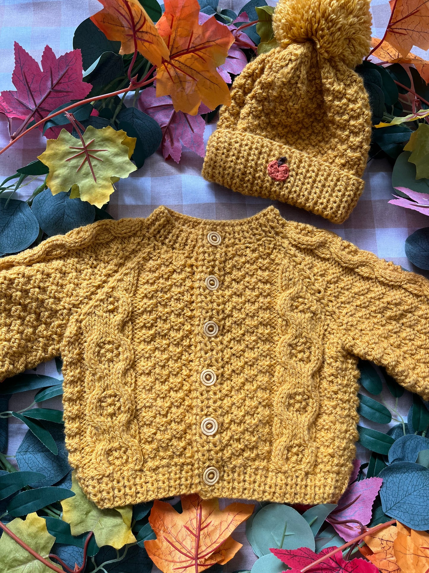 Size 0-6 Months, Mustard Hello Pumpkin Cardi & Hat set