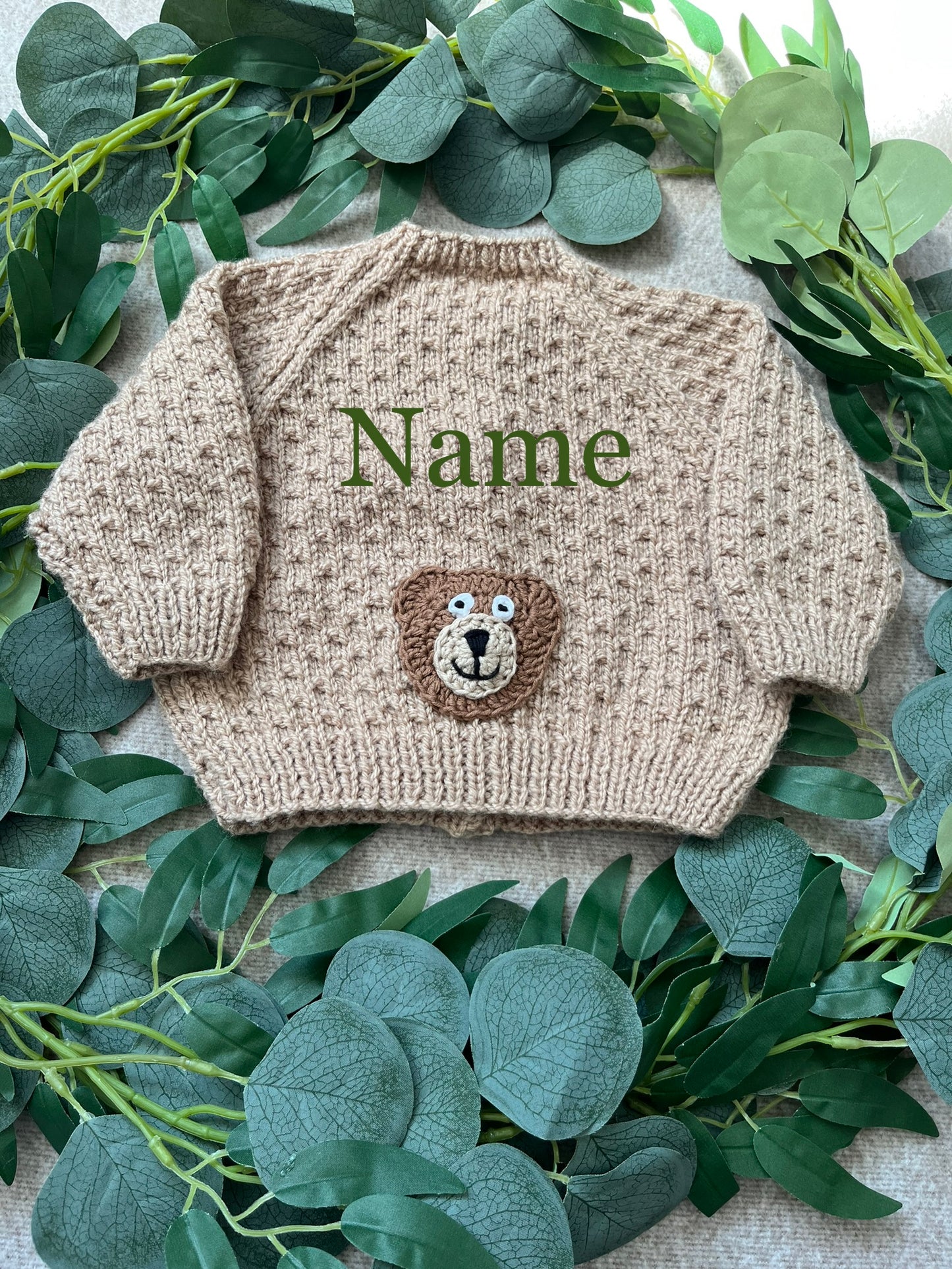 Personalise Me, Size 0-3 Months, Neutral Brown Baby Cardigan, Hand Knitted, Bear Design