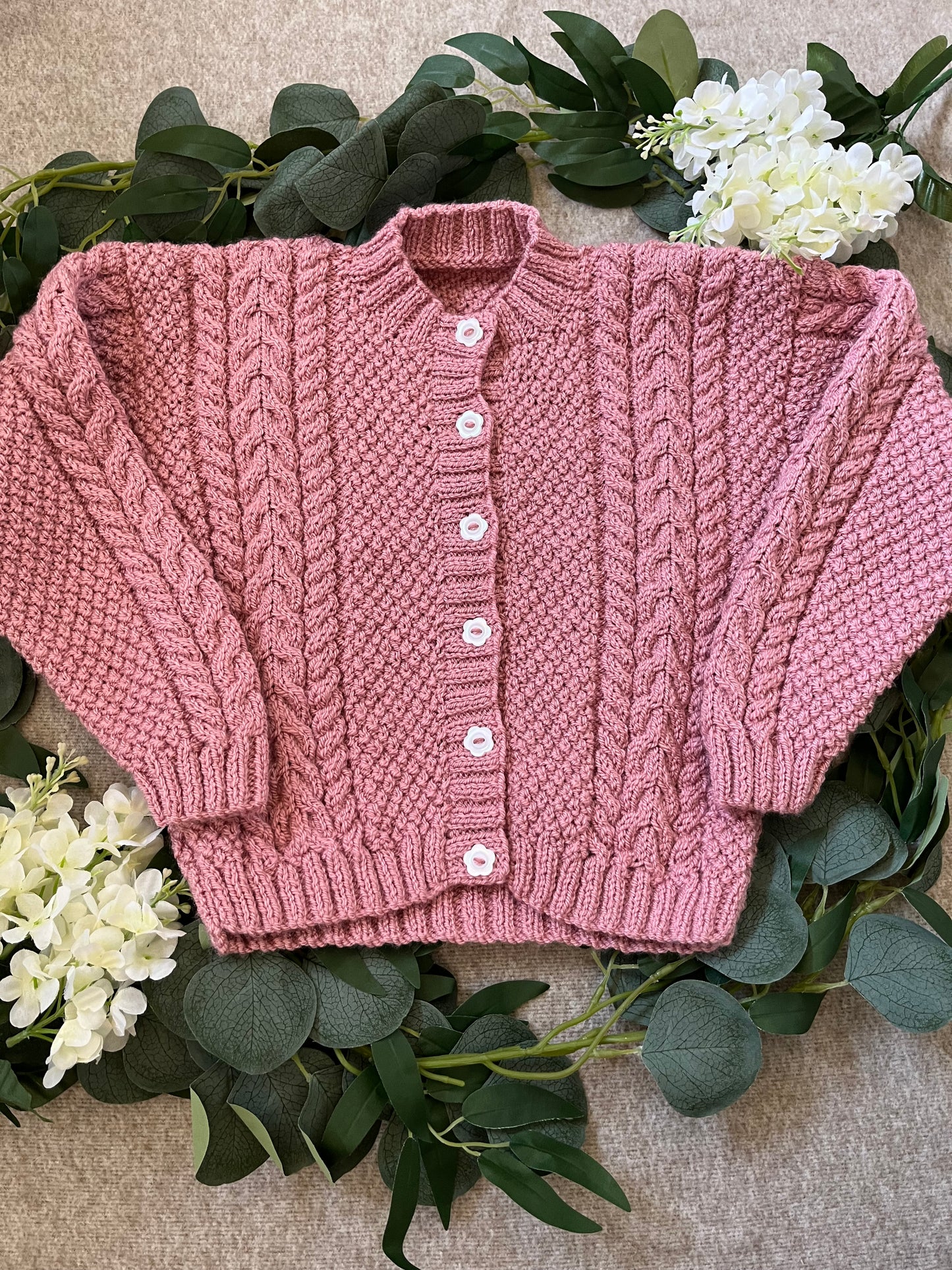 Size 3-5 Years, Strawberry Picking, Pink Hand Knitted Cardigan